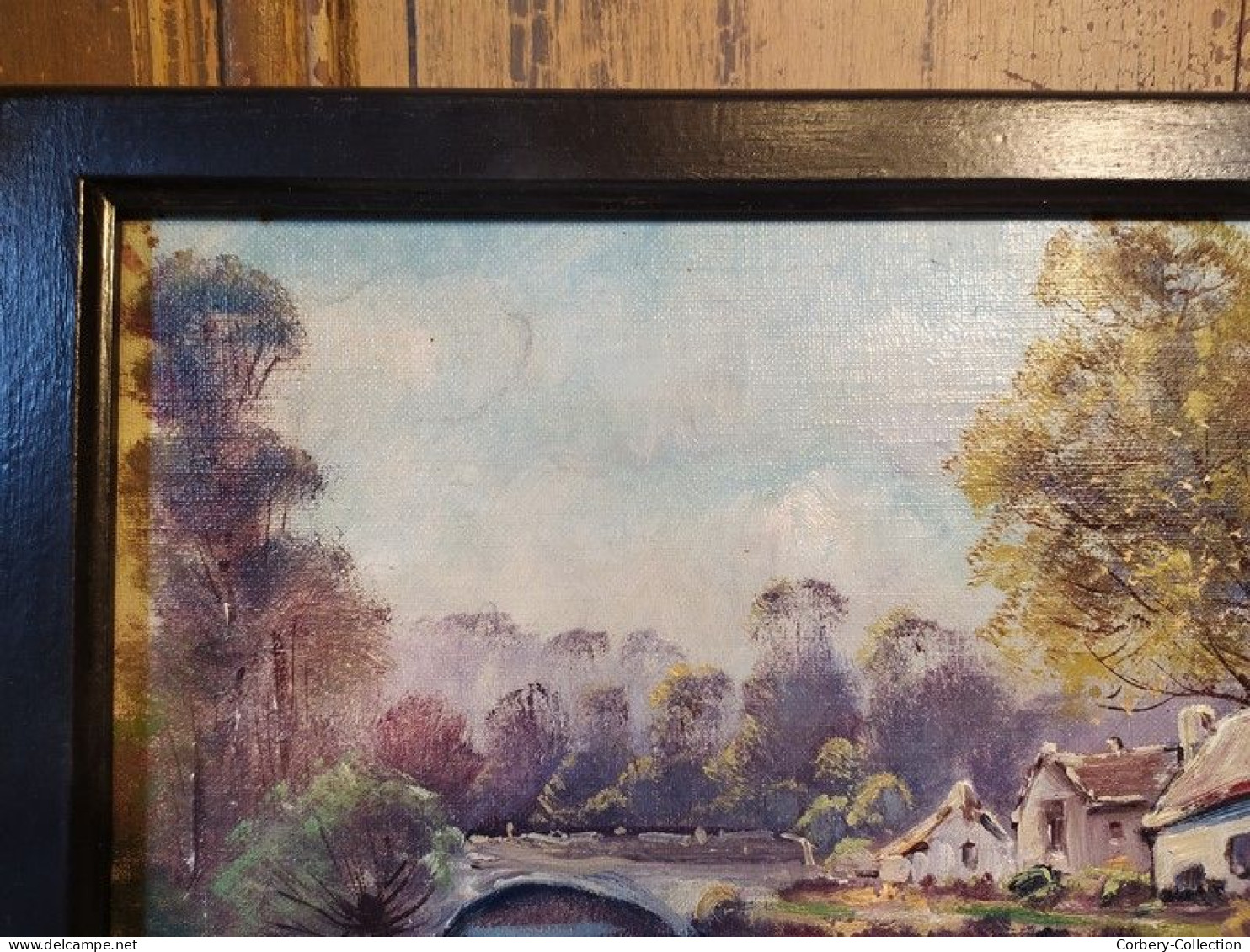 Tableau Paysage Barque Pêcheurs Sur Rivière Signé Chiffonny 01 - Oelbilder