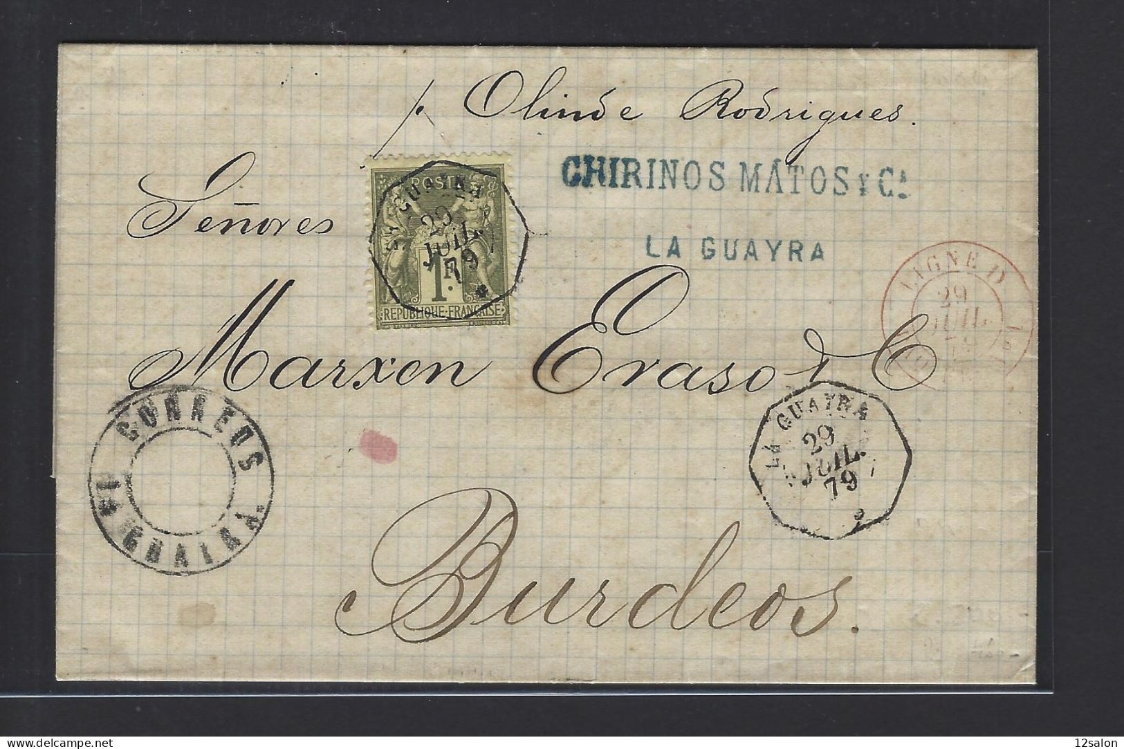 MARITIME SAGE N°72 OBL CAD Octogonal D'agence Consulaire "La Guayra *" (1879) (Salles N°1374), Ind 23 - Posta Marittima