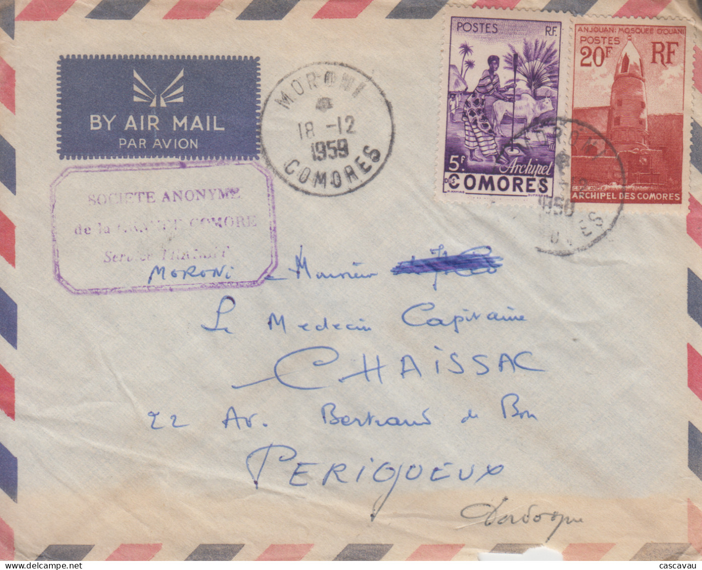 Enveloppe   ARCHIPEL  Des  COMORES    1959 - Briefe U. Dokumente
