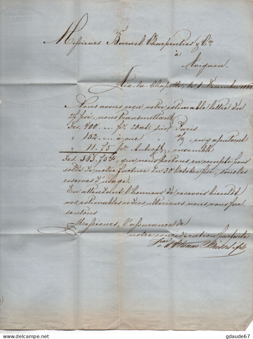 1862 - LETTRE De AIX LA CHAPELLE / AACHEN Pour AVIGNON Avec CACHET D'ENTREE BLEU PRUSSE 3 VALENCIENNES - Cartas & Documentos