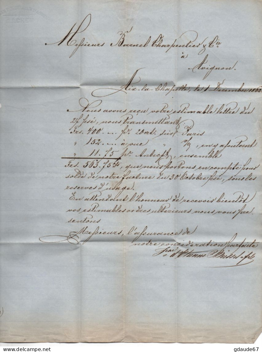 1862 - LETTRE De AIX LA CHAPELLE / AACHEN Pour AVIGNON Avec CACHET D'ENTREE BLEU PRUSSE 3 VALENCIENNES - Covers & Documents