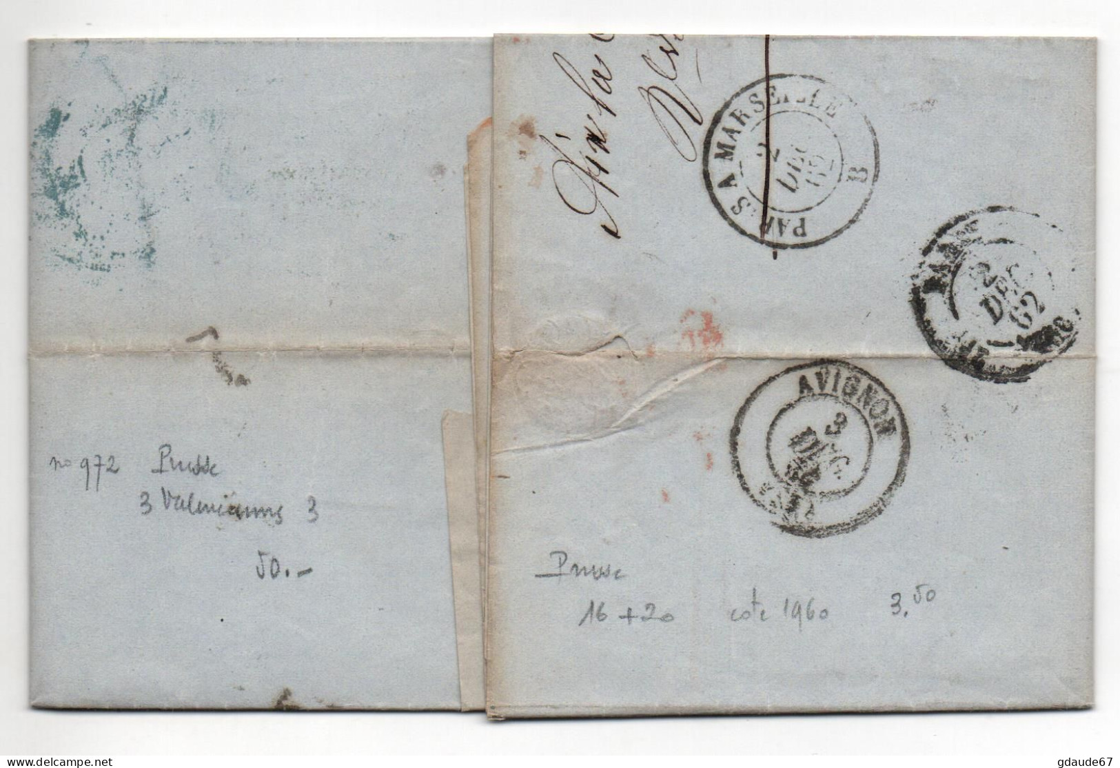 1862 - LETTRE De AIX LA CHAPELLE / AACHEN Pour AVIGNON Avec CACHET D'ENTREE BLEU PRUSSE 3 VALENCIENNES - Storia Postale