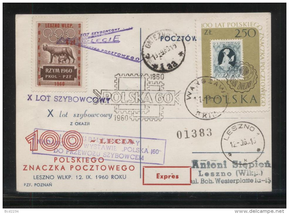 POLAND 1960 10TH GLIDER FLIGHT FLOWN CARD T1 100 YRS POLISH STAMP LESNO 1(k) GNIEZNO(aa) CDS BROWN OLYMPICS CINDERELLA - Alianti