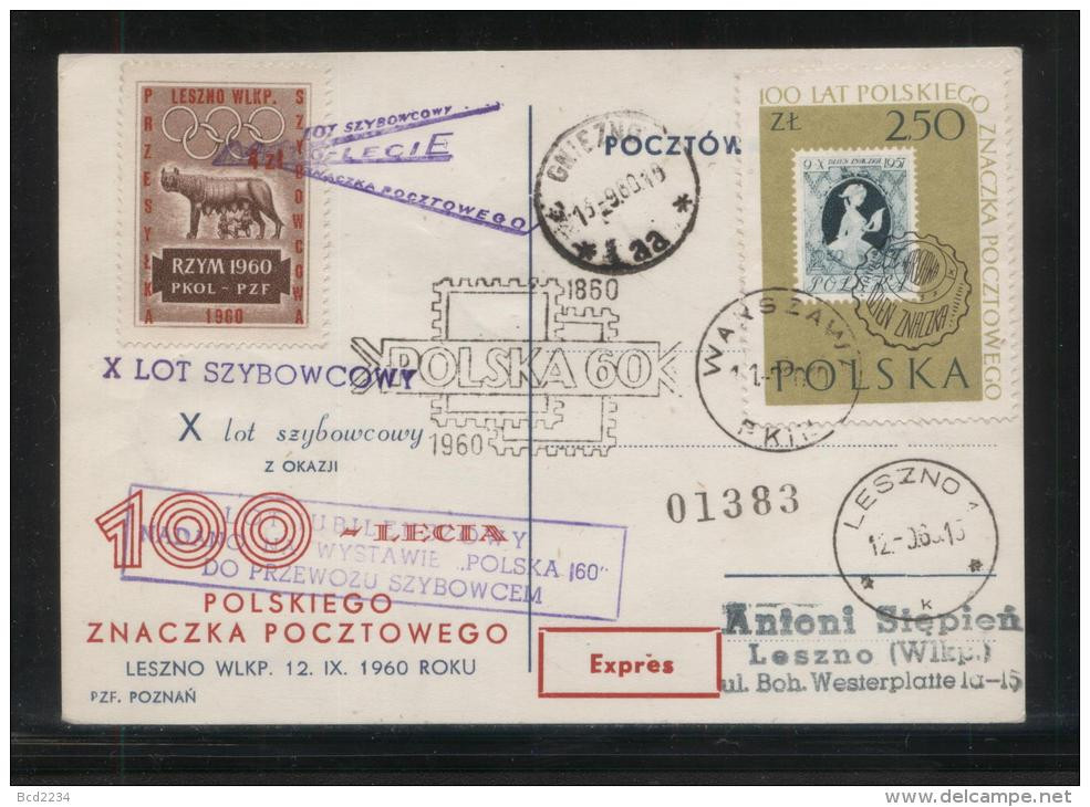 POLAND 1960 10TH GLIDER FLIGHT FLOWN CARD T1 100 YRS POLISH STAMP LESNO 1(k) GNIEZNO(aa) CDS BROWN OLYMPICS CINDERELLA - Planeadores