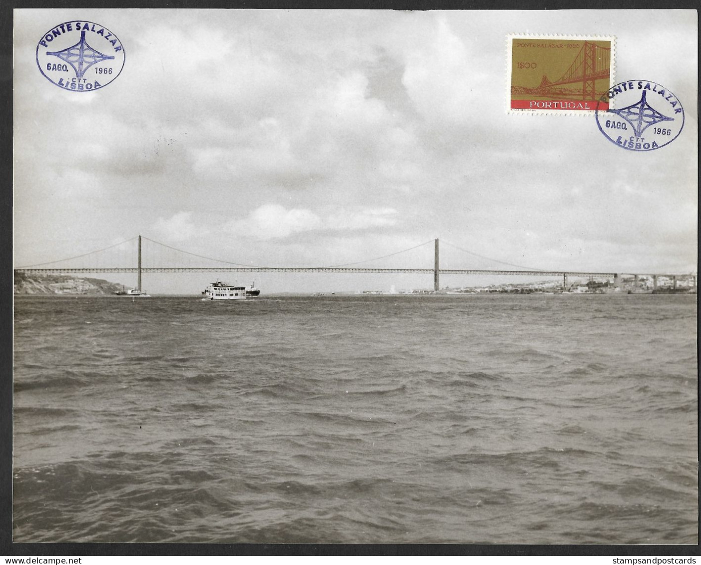 Portugal Souvenir Premier Jour Pont Salazar 1966 Lisbonne Photo Grand Format Lisbon Bridge Real Photo First Day Souvenir - Storia Postale