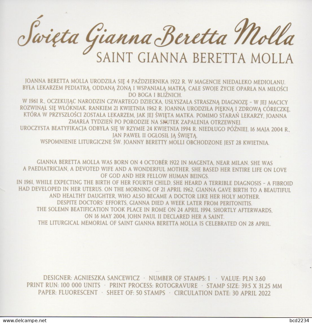 POLAND 2022 POLISH POST OFFICE SPECIAL LIMITED EDITION FOLDER: SAINT GIANNA BERETTA MOLLA ITALY MAGENTA DOCTOR MEDICINE - Covers & Documents