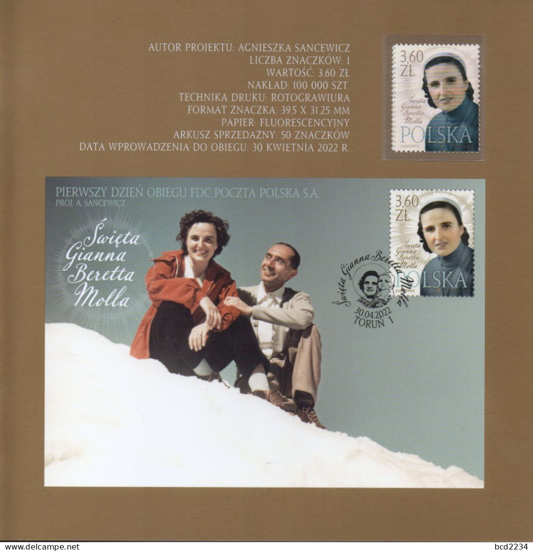 POLAND 2022 POLISH POST OFFICE SPECIAL LIMITED EDITION FOLDER: SAINT GIANNA BERETTA MOLLA ITALY MAGENTA DOCTOR MEDICINE - Brieven En Documenten