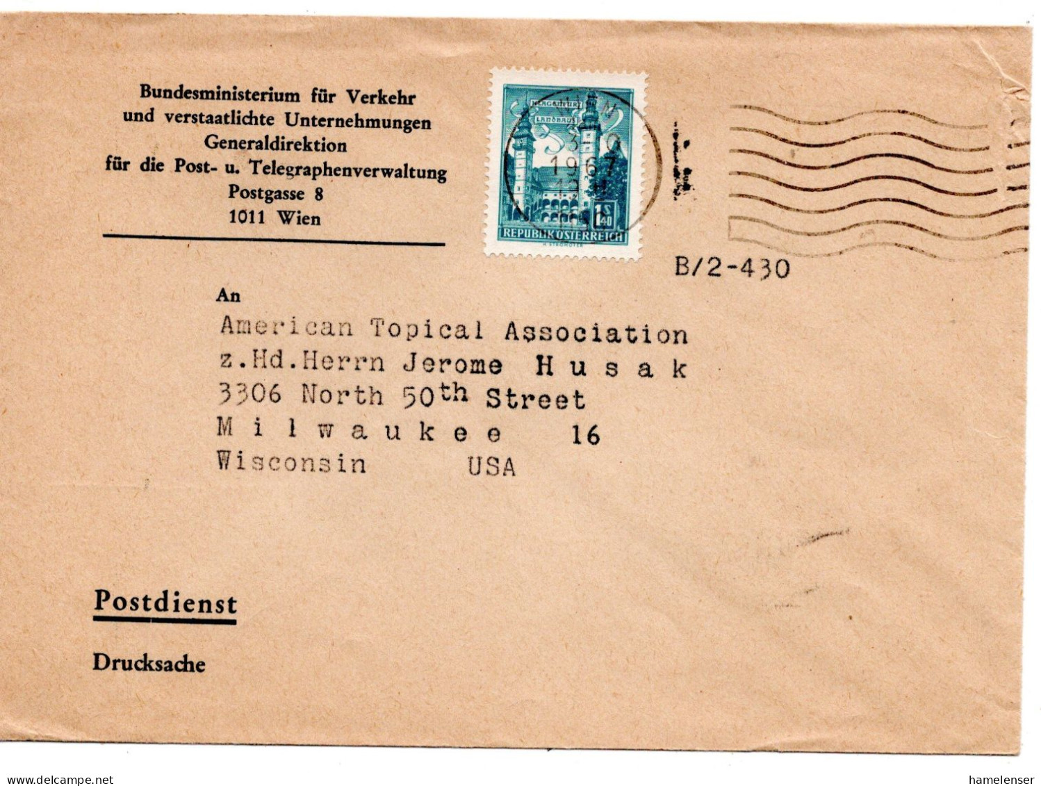 70957 - Österreich - 1967 - S1,40 Architektur EF A DrucksBf WIEN -> Milwaukee, WI (USA) - Cartas & Documentos