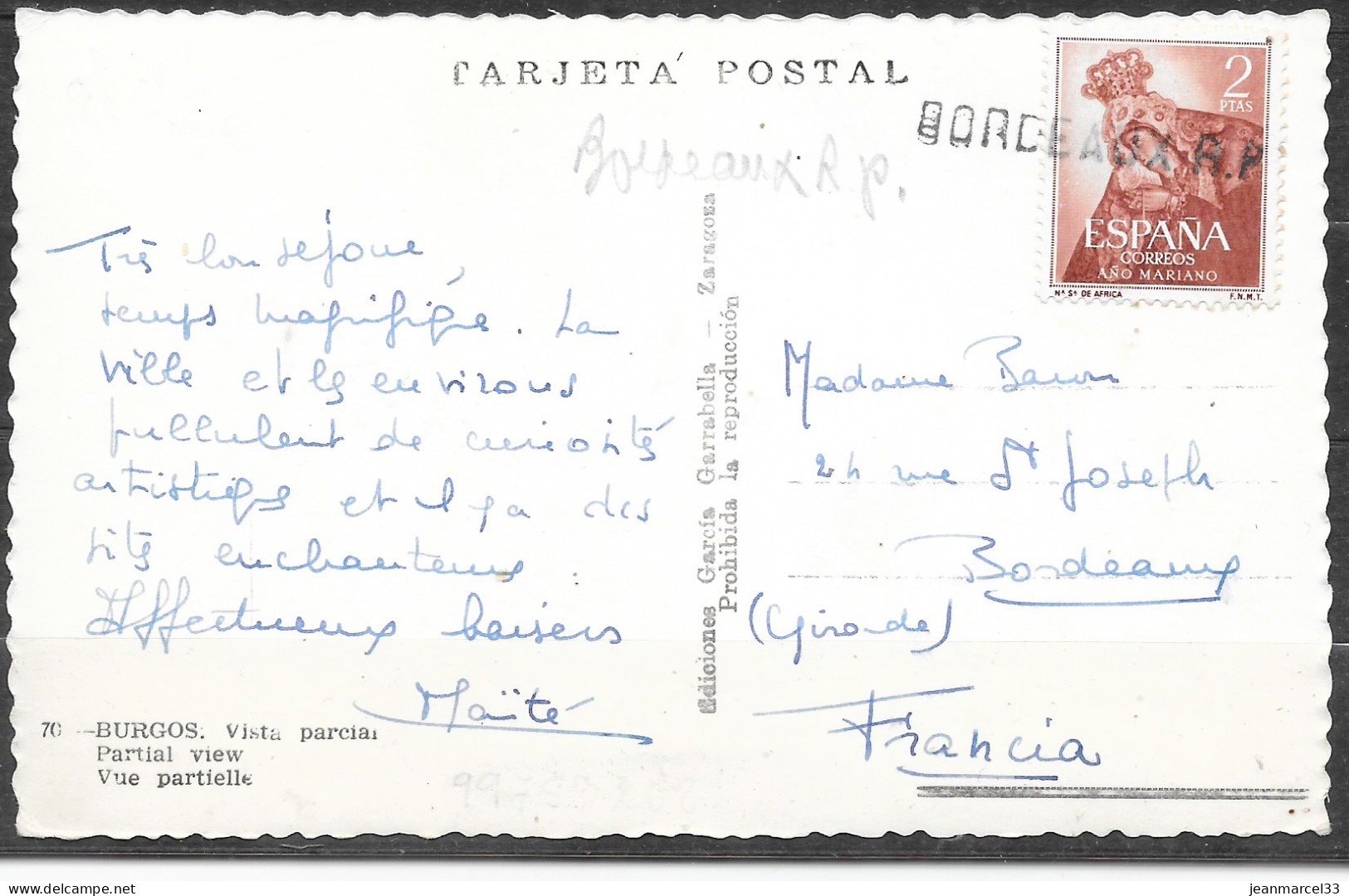 Courrier Griffé CP De Burgos Espagne, Timbre-poste Annulé à L'arrivée à Bordeaux RP - Storia Postale