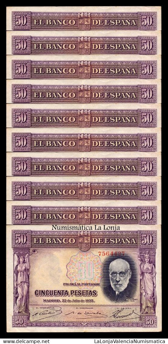 España Spain Lote 10 Billetes 50 Pesetas Santiago Ramón Y Cajal 1935 Pick 88 Bc/Mbc F/Vf - 50 Peseten