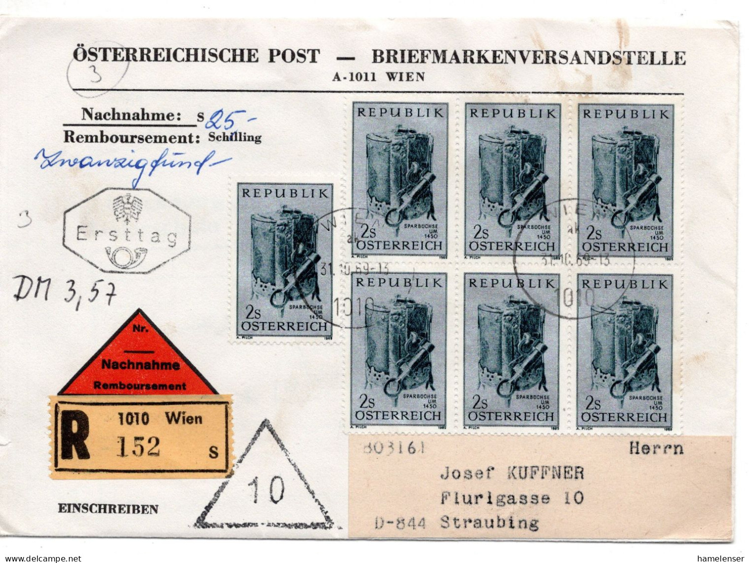 70968 - Österreich - 1969 - 7@S2 Sparbuechse MiF A R-NN-Bf WIEN -> Westdeutschland - Lettres & Documents