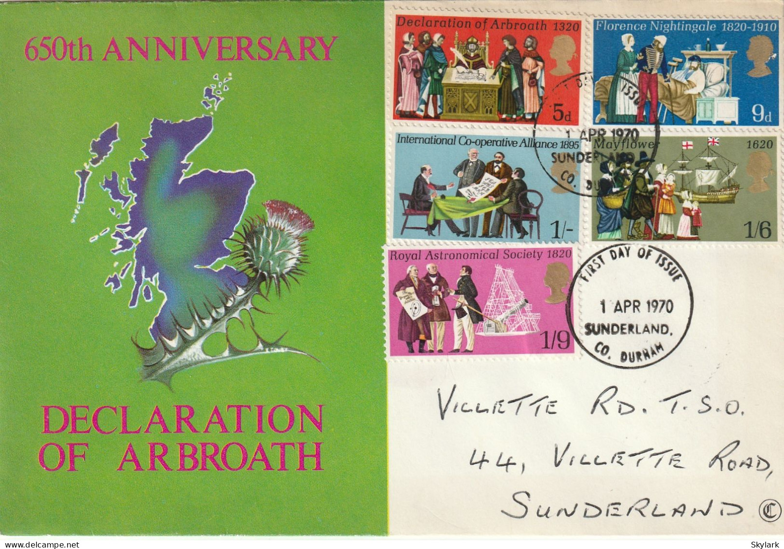 Great Britain   .   1970   .   "Declaration Of Arbroath 650th Anniversary"   .   First Day Cover - 5 Stamps - 1952-1971 Pre-Decimal Issues