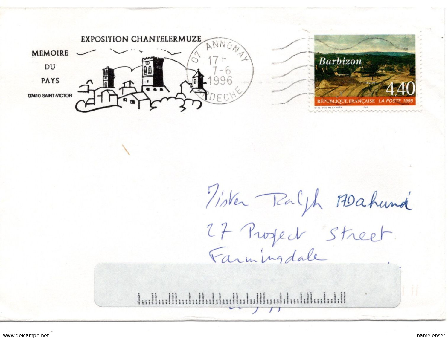 70970 - Frankreich - 1996 - 4,40F Barbizon EF A Bf ANNONAY -> Farmingdale, NY (USA) - Lettres & Documents