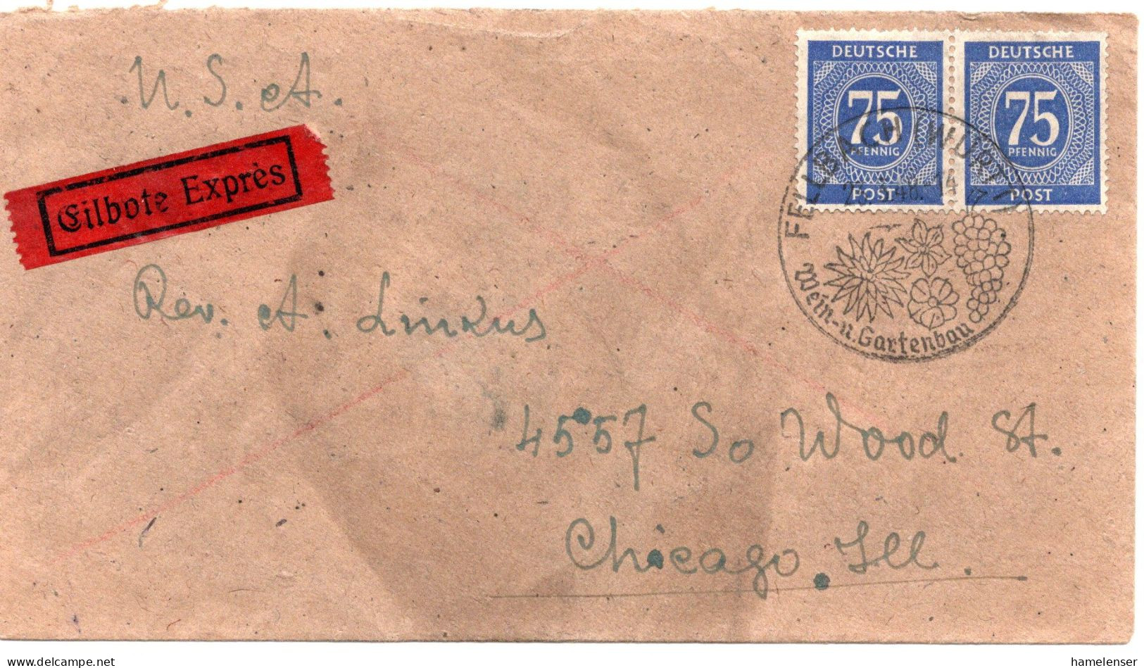 70971 - Alliierte Besetzung - 1948 - 2@75Pfg Ziffer A EilBf (etw Fleckig) FELLBACH -> CHICAGO, ILL (USA) - Storia Postale