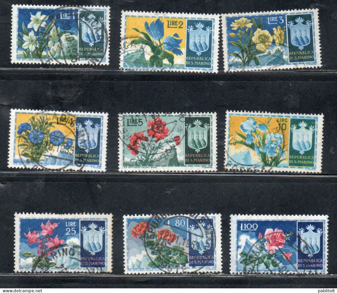 REPUBBLICA DI SAN MARINO 195 FLOR FIORI FLOWERS COMPLETE SET PRIMA EMISSIONE SERIE COMPLETA USATA USED OBLITERE' - Usati