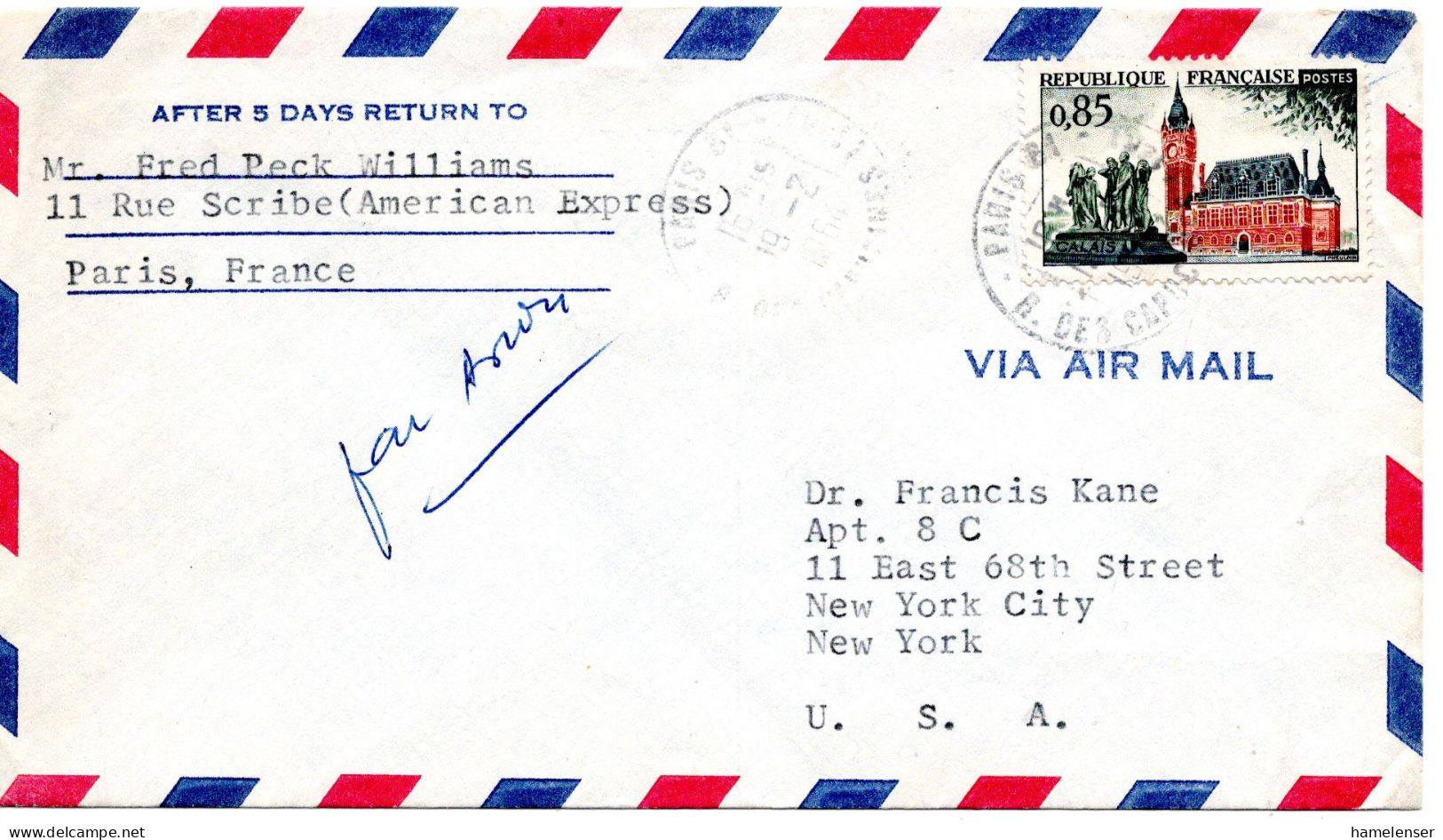70973 - Frankreich - 1964 - F0,85 Calais EF A LpBf PARIS -> New York, NY (USA) - Briefe U. Dokumente