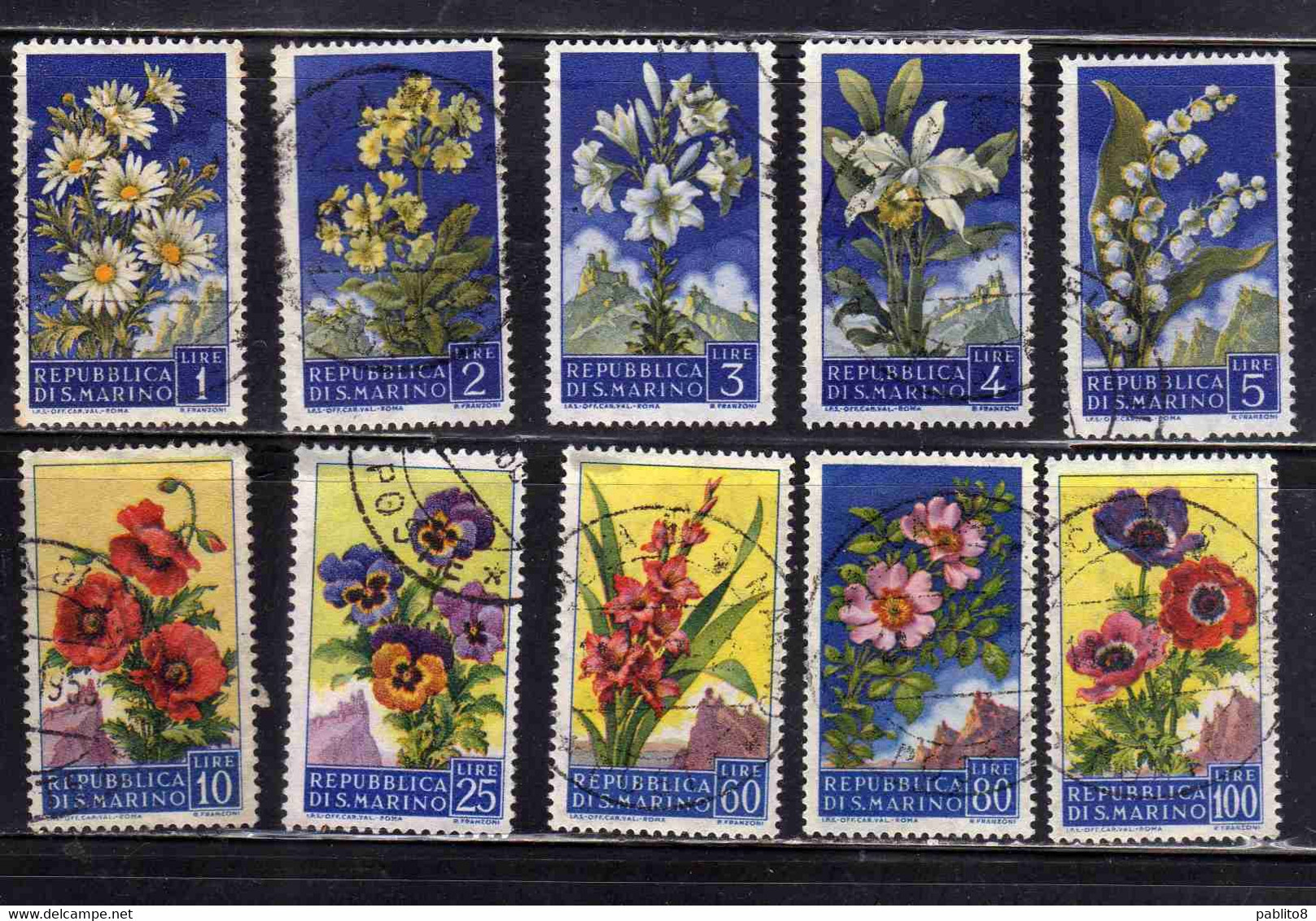 REPUBBLICA DI SAN MARINO 1957 FLORA FIORI 2 EMISSIONE FLOWERS SERIE COMPLETA COMPLETE SET USATA USED OBLITERE' - Usati