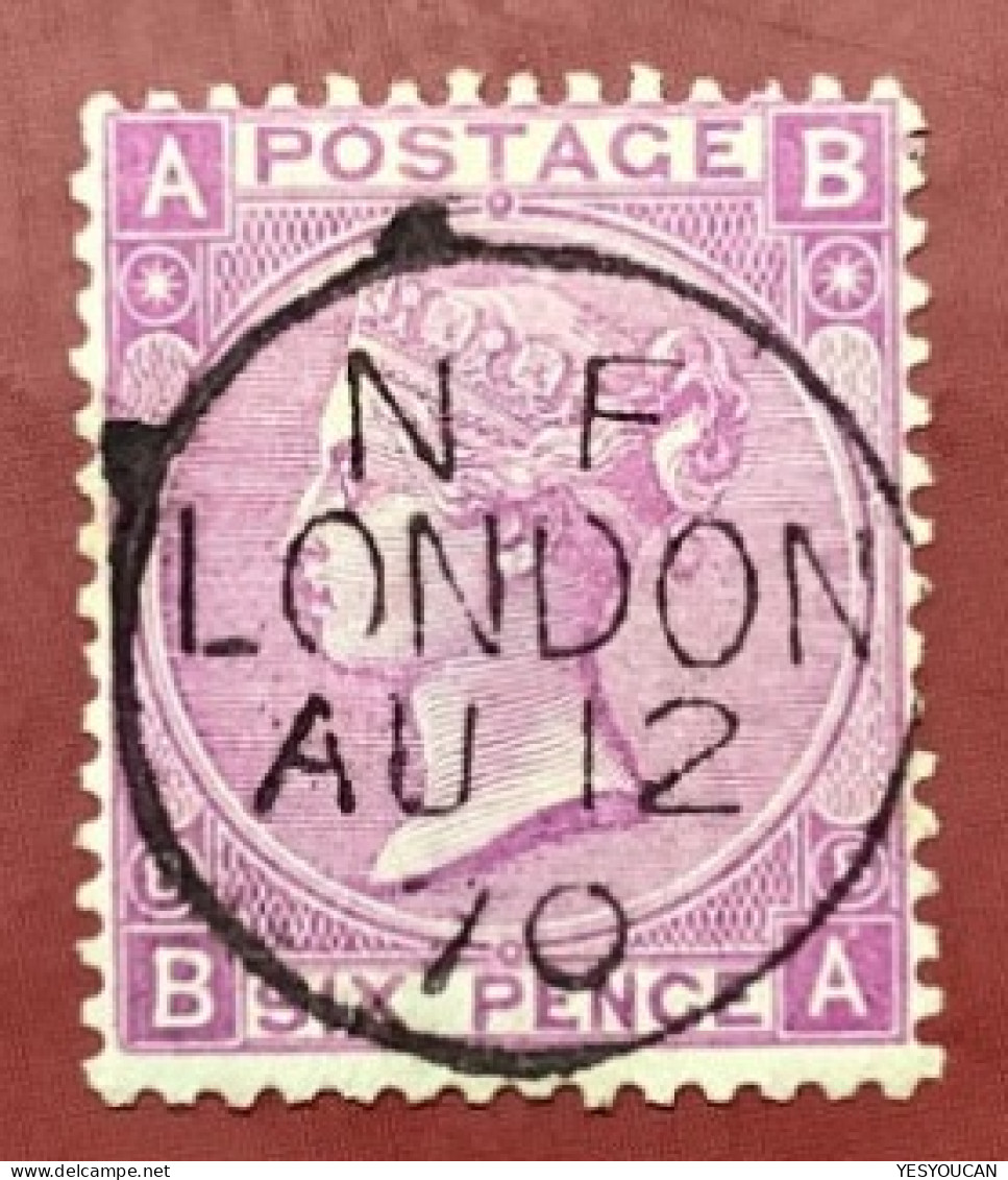 SUPERB SG 109: GB Queen Victoria 1867-80 6d Mauve Wmk Spray Of Rose Plate 8 Cancelled "N F LONDON 1870" (Great Britain - Gebraucht