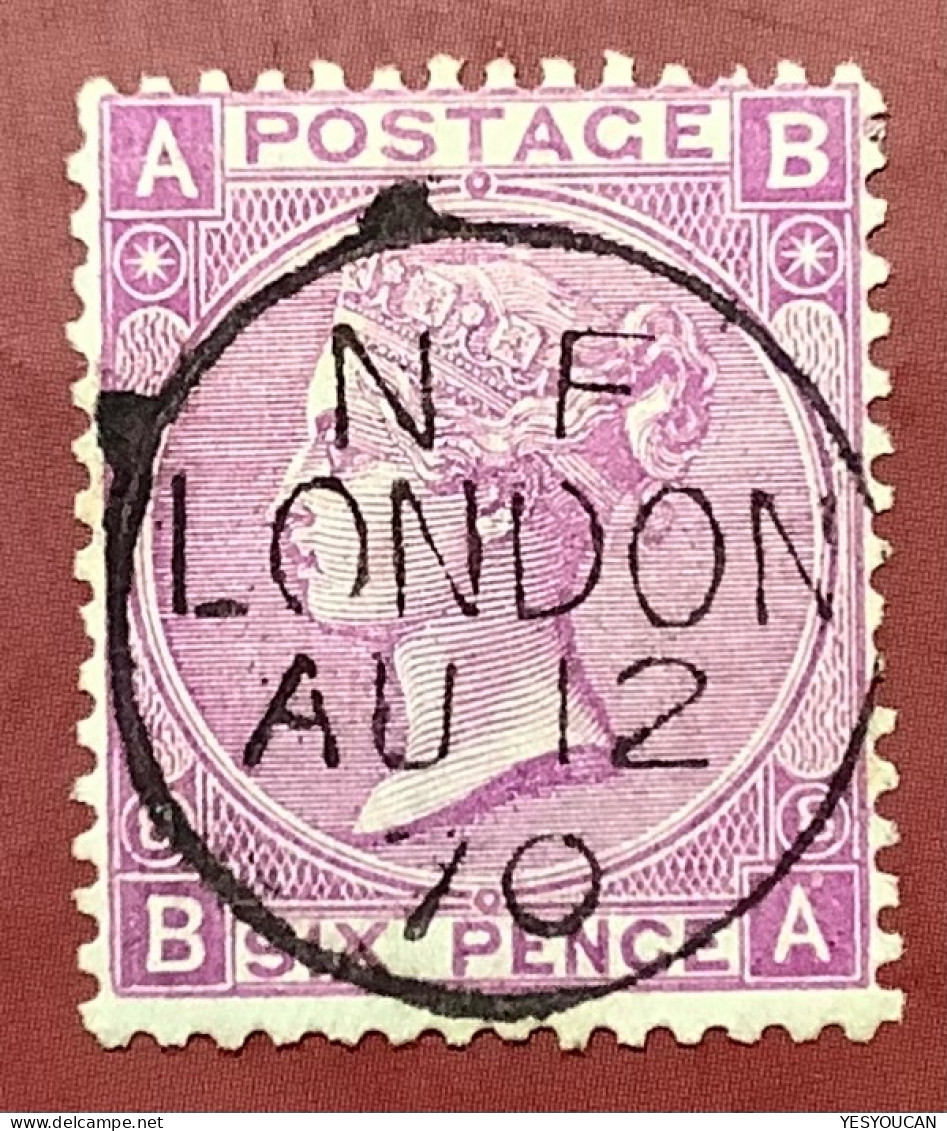 SUPERB SG 109: GB Queen Victoria 1867-80 6d Mauve Wmk Spray Of Rose Plate 8 Cancelled "N F LONDON 1870" (Great Britain - Usati