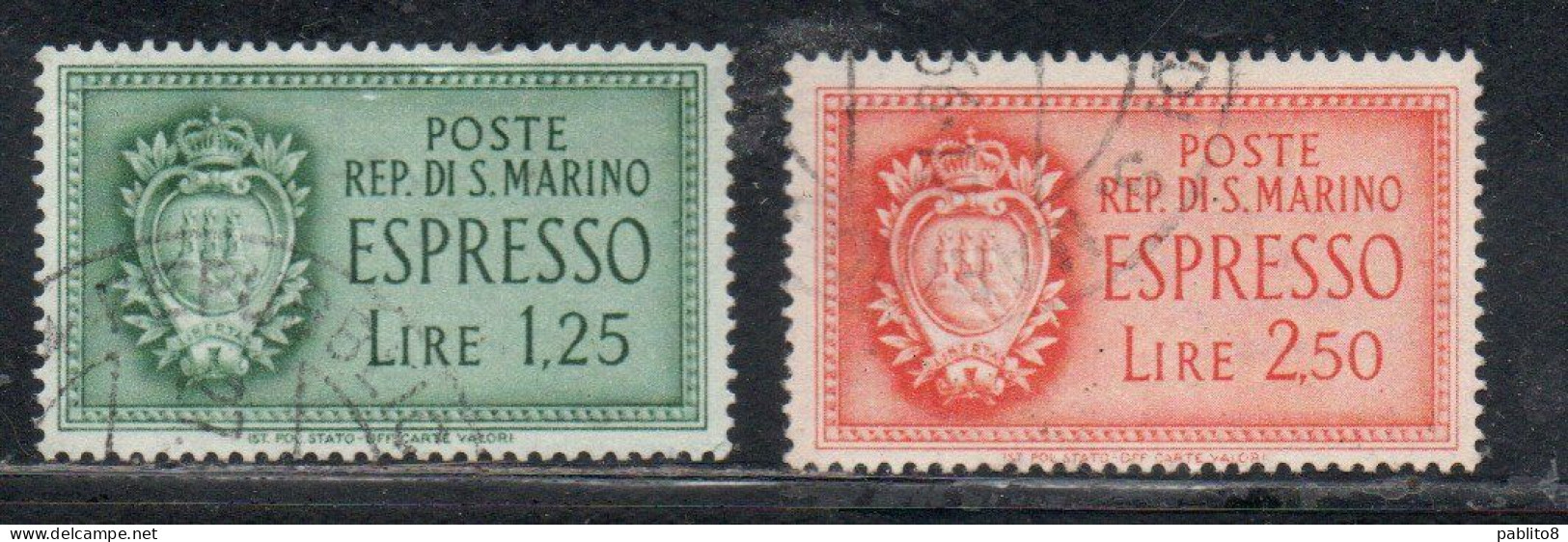 REPUBBLICA DI SAN MARINO 1945 ESPRESSI SPECIAL DELIVERY STEMMA ARMS SERIE COMPLETA COMPLETE SET USATA USED OBLITERE' - Francobolli Per Espresso