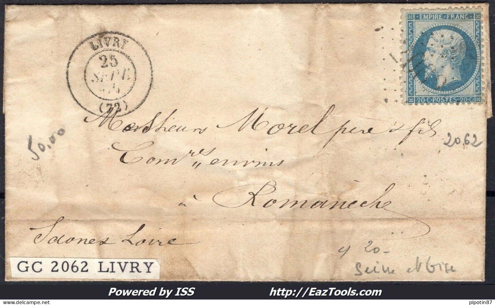 FRANCE N° 22 SUR LETTRE GC 2062 LIVRY SEINE ET OISE + CAD DU 25/09/1865 - 1862 Napoleon III