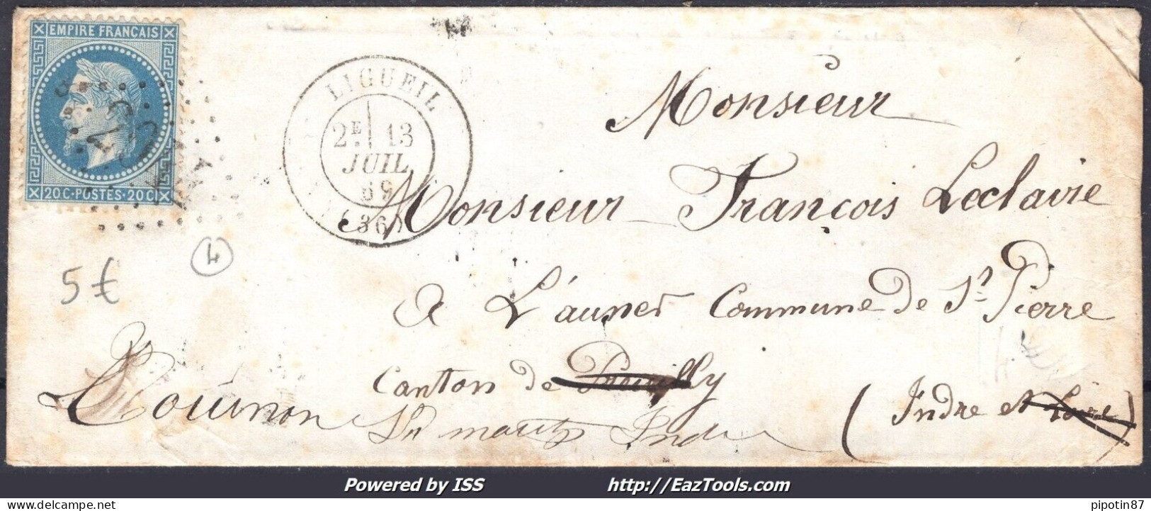 FRANCE N°29B SUR LETTRE GC 2044 LIGUEIL INDRE ET LOIR + CAD DU 13/07/1869 - 1863-1870 Napoléon III. Laure