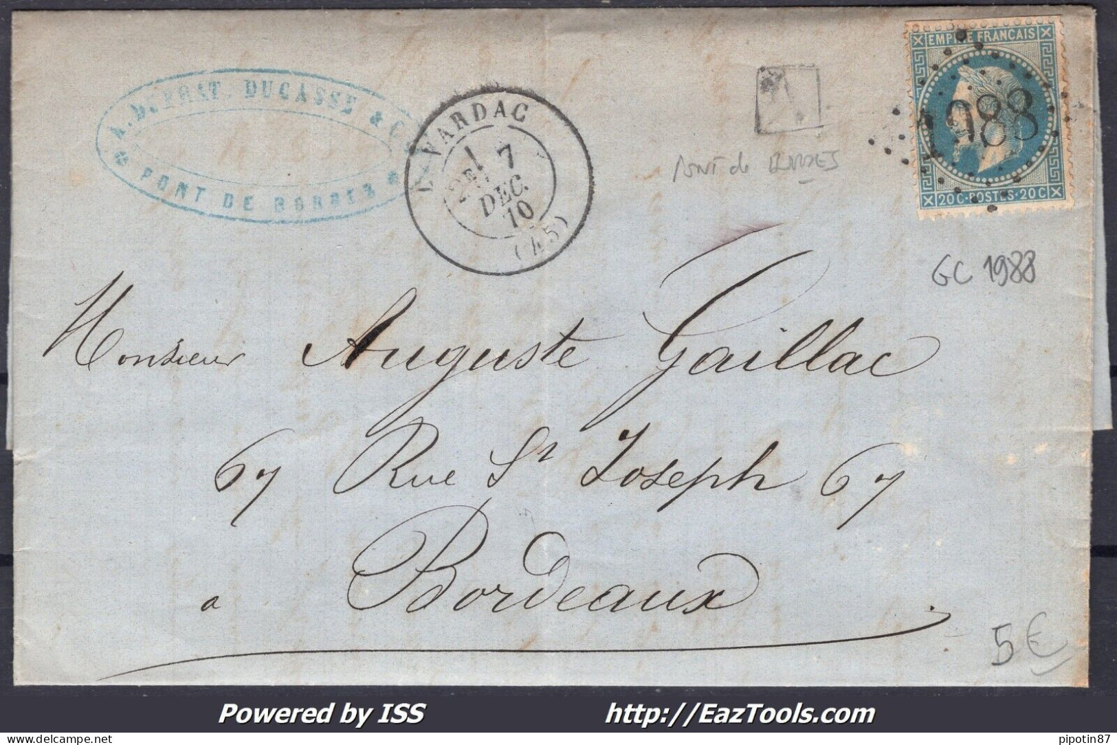 FRANCE N°29B SUR LETTRE GC 1988 LAVARDAC LOT ET GARONNE + CAD DU 07/12/1870 - 1863-1870 Napoléon III. Laure