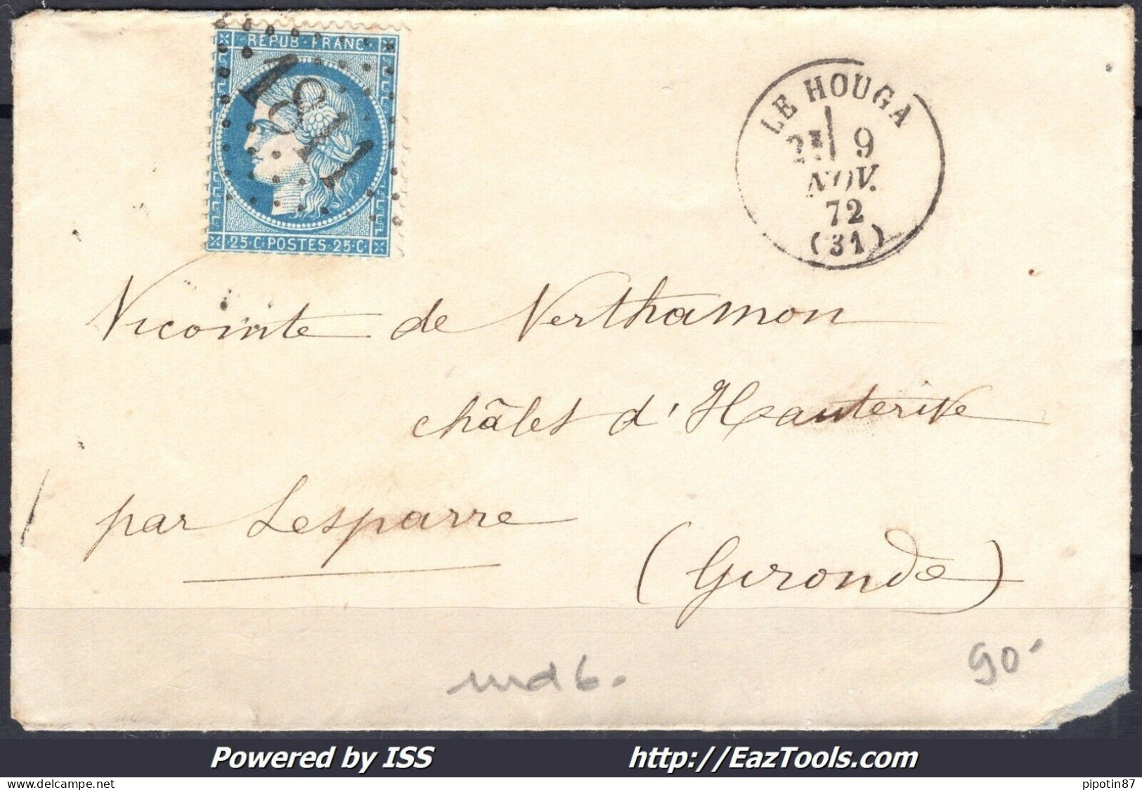 FRANCE N° 60A SUR LETTRE POUR LESPARRE GC 1811 LE HOUGA GERS + CAD DU 09/11/1872 - 1871-1875 Cérès