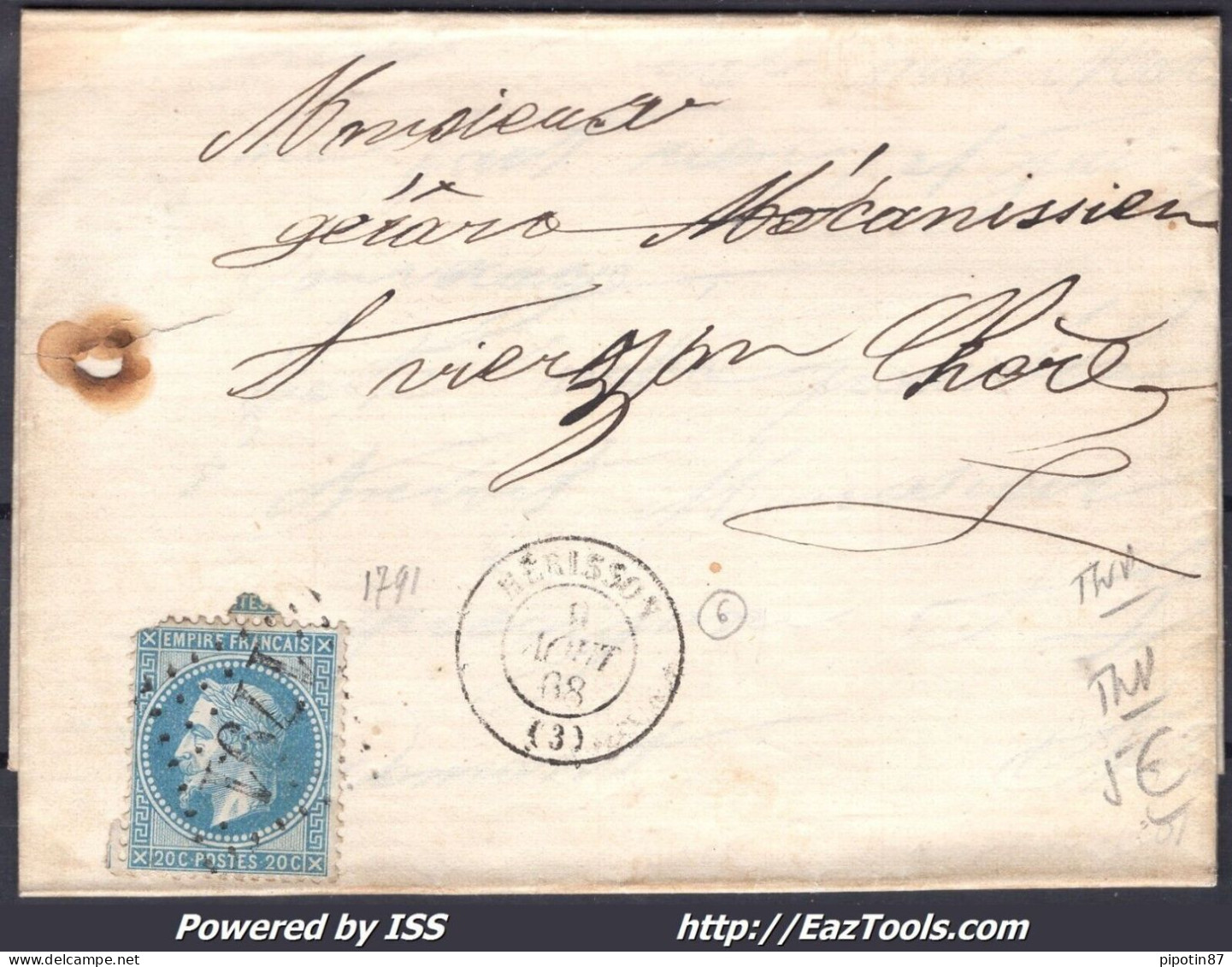 FRANCE N° 29A SUR LETTRE GC 1791 HÉRISSON ALLIER + CACHET A DATE DU 09/08/1868 - 1863-1870 Napoleon III With Laurels