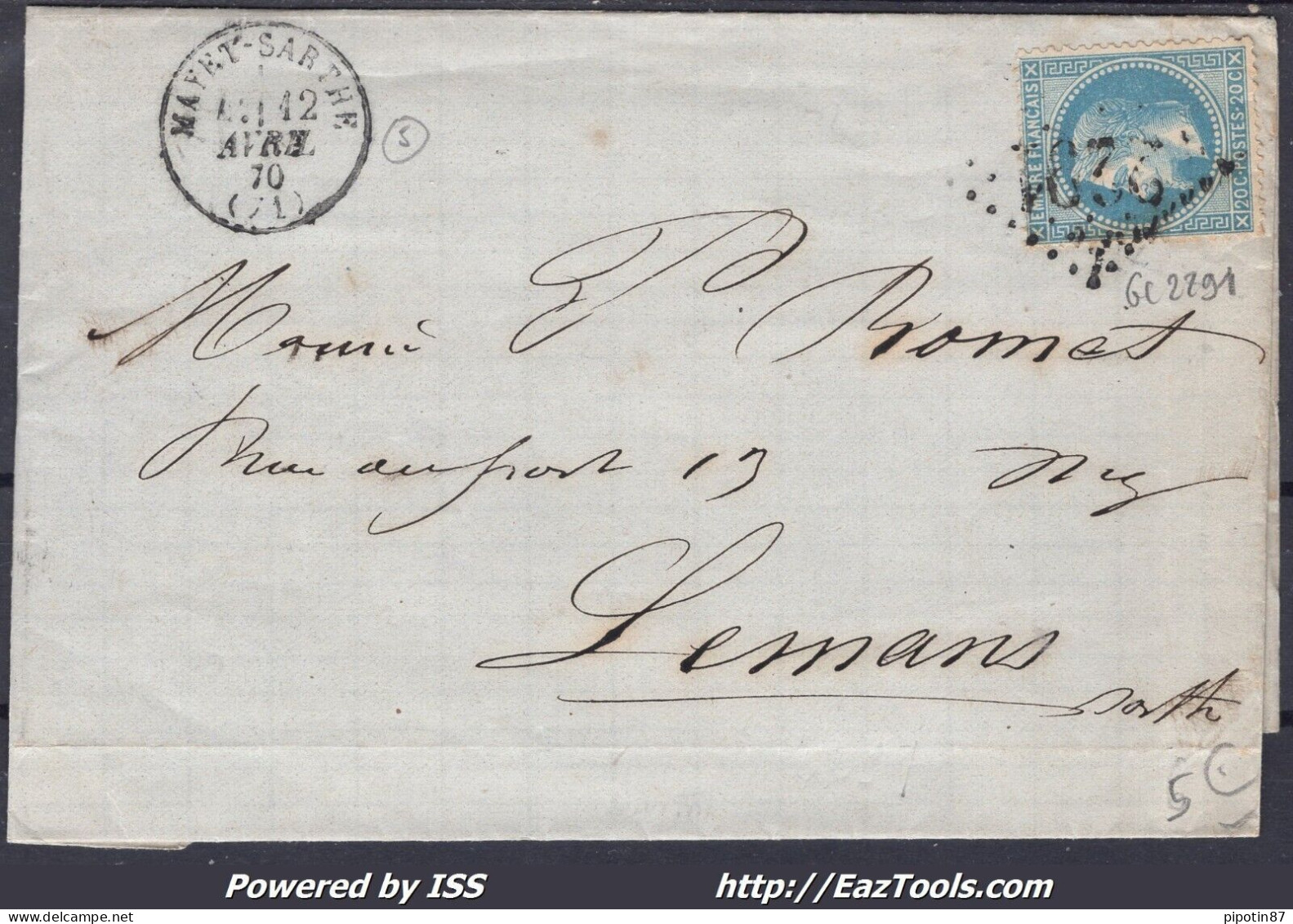 FRANCE N°29B SUR LETTRE GC 2291 MAYET SARTHE SARTHE + CAD DU 12/04/1870 - 1863-1870 Napoléon III. Laure