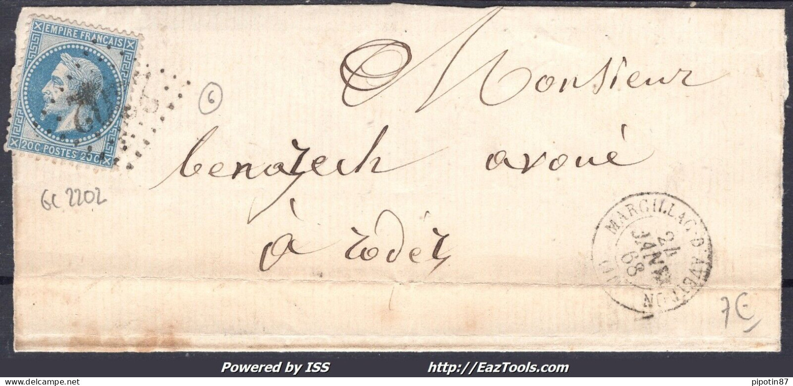 FRANCE N°29A SUR LETTRE GC 2202 MARCILLAC D'AVEYRON AVEYRON + CAD DU 24/01/1868 - 1863-1870 Napoléon III Con Laureles