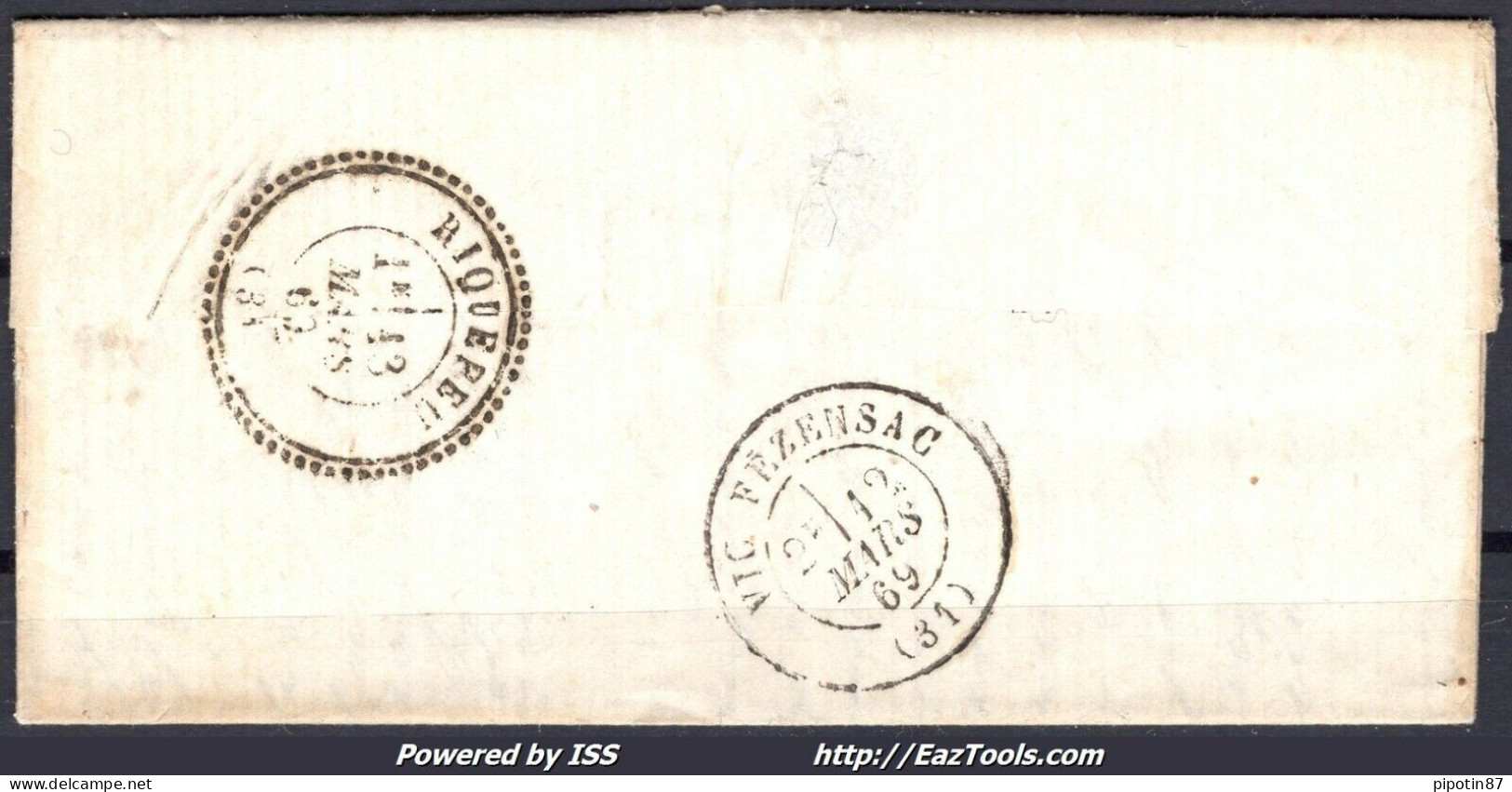 FRANCE N° 29B SUR LETTRE POUR RIQUEPEU GC 2184 MANCIET GERS + CAD DU 12/03/1869 - 1863-1870 Napoleon III With Laurels