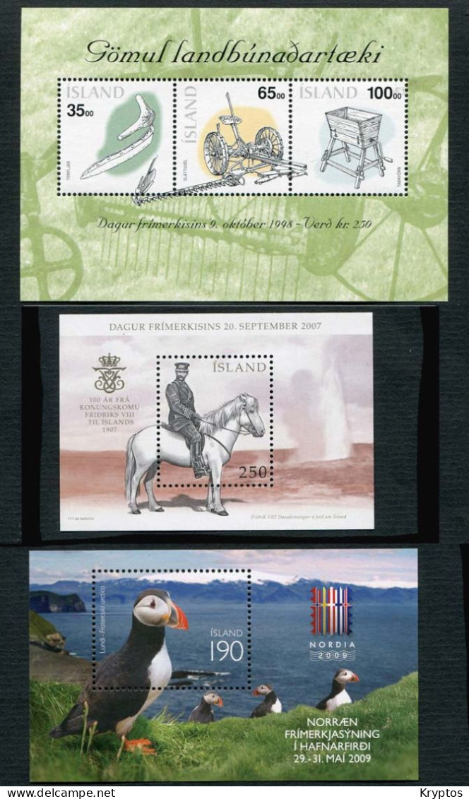 Iceland 1998-2009. 3 Blocks (Stamp Day 1998, Royal Visit 1907, Nordia 2009) ALL MINT (**) - Blocks & Kleinbögen