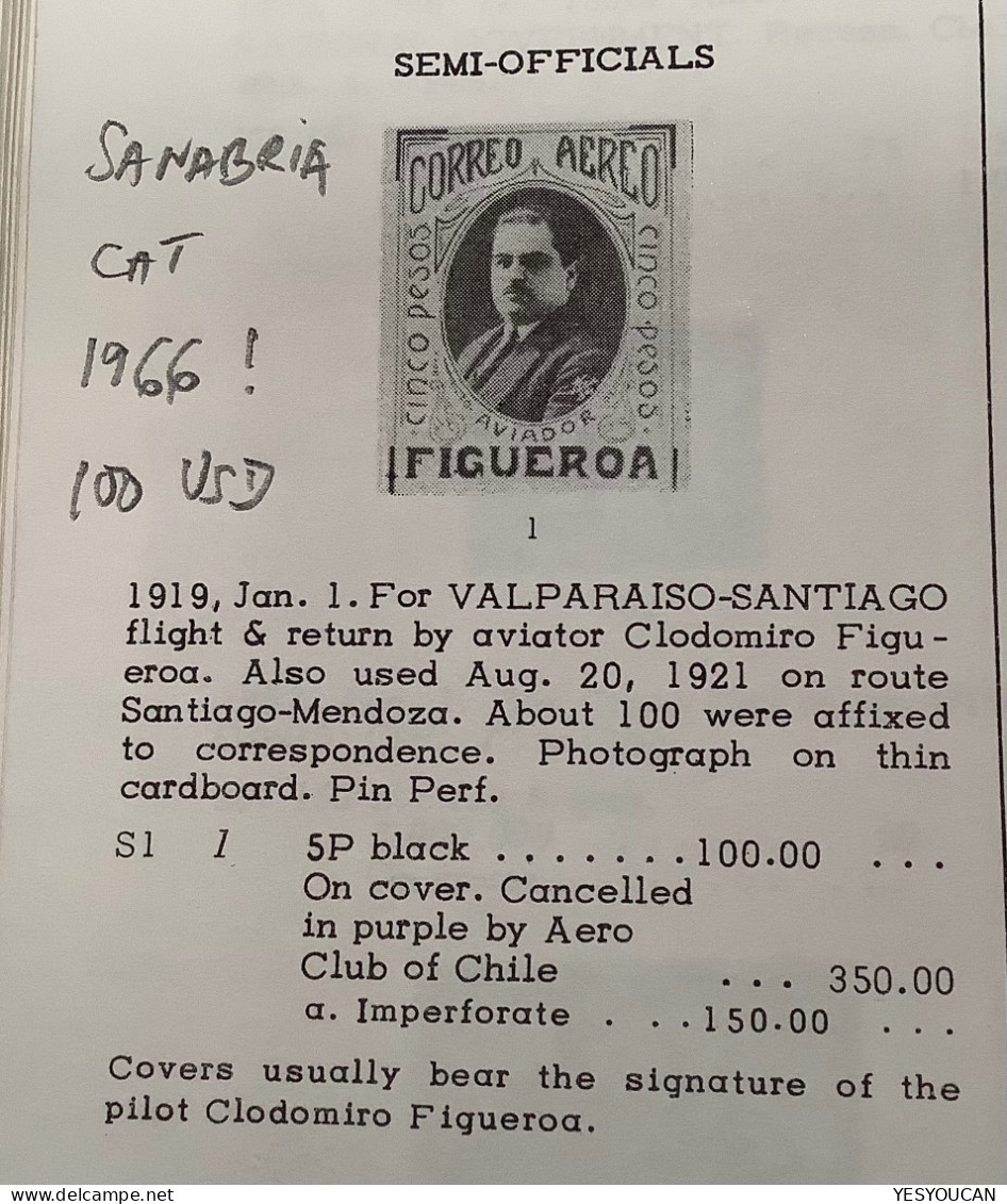 Chile 1919 5pesos"FIGUEROA AVIADOR"rare First Flight Stamp "VALPARAISO-SANTIAGO"mint Aviator Signed (air Post Sanabria 1 - Chile