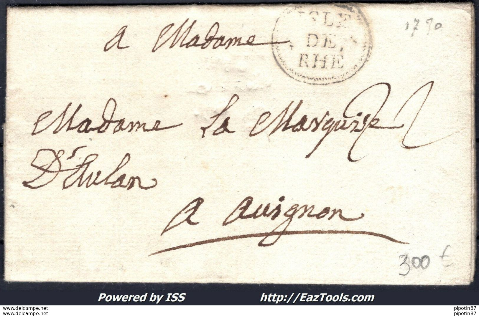 FRANCE MARQUE POSTALE TRES RARE CACHET DE ISLE DE RHÉ DU 22/08/1770 - 1701-1800: Précurseurs XVIII