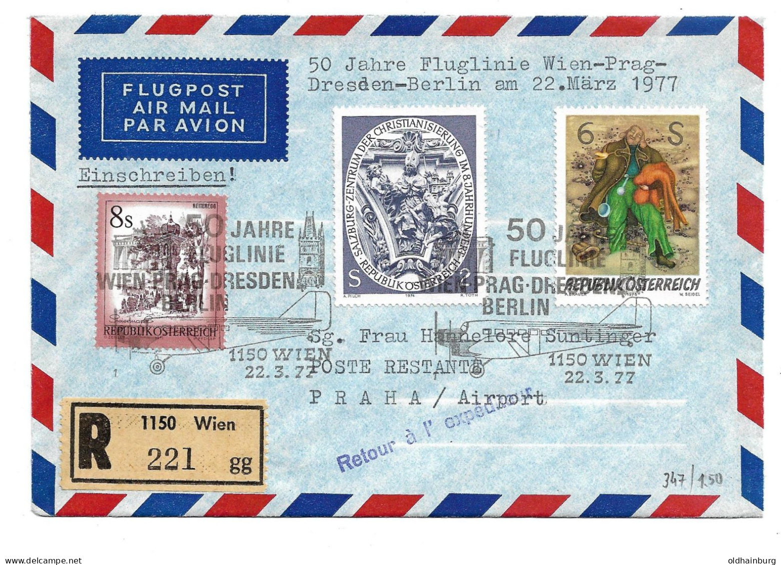 2363o: 50 Jahre Erster Postflug Wien-Prag-Dresden-Berlin, Lufthansa 1977 - Primi Voli