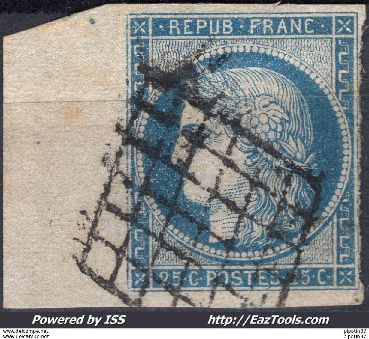 FRANCE TYPE CERES 25c BLEU N° 4 GRAND BDF AVEC OBLITERATION GRILLE - 1849-1850 Cérès