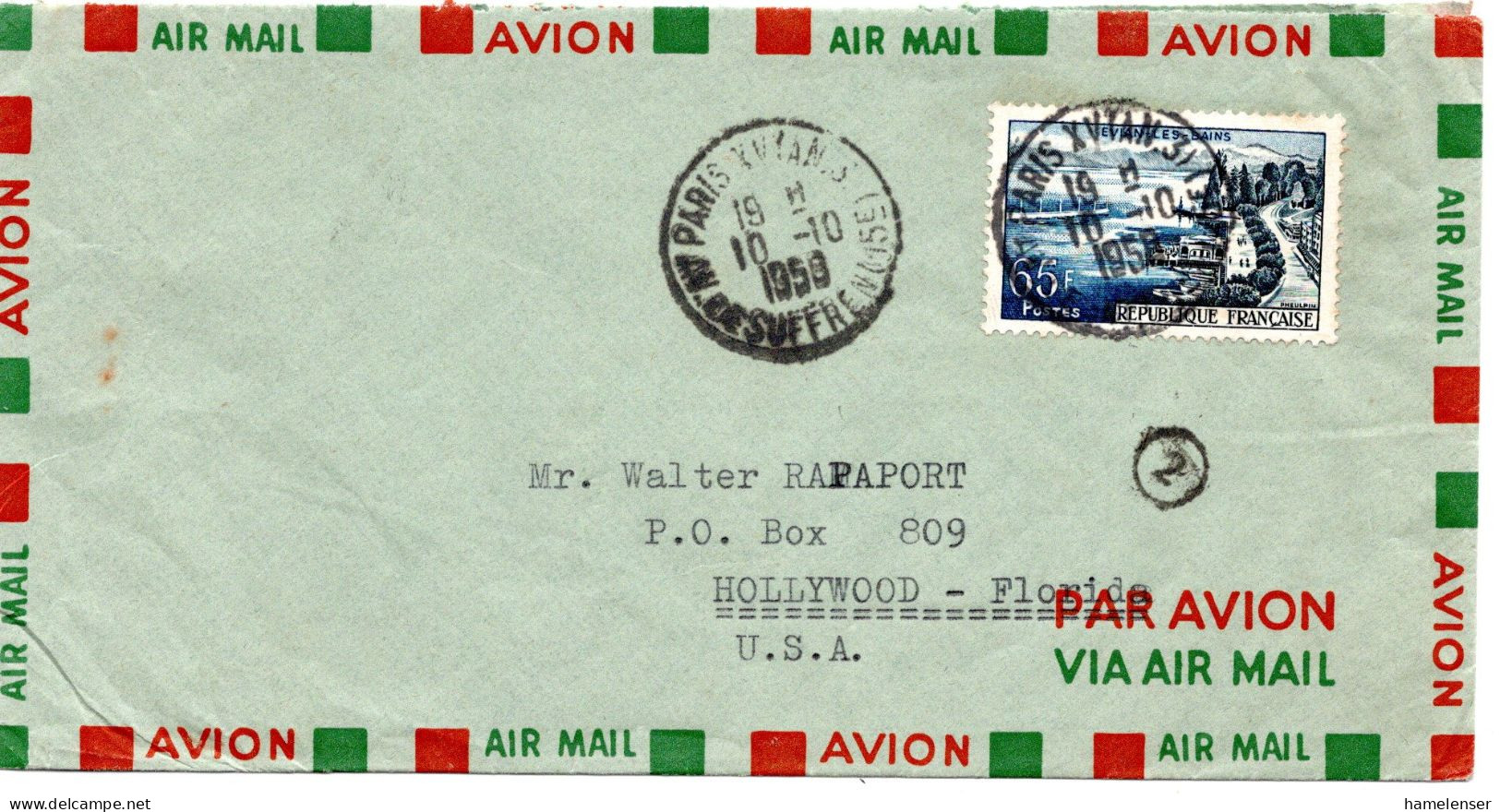 70983 - Frankreich - 1958 - 65F Evian EF A LpBf PARIS -> Hollywood, FL (USA) - Covers & Documents