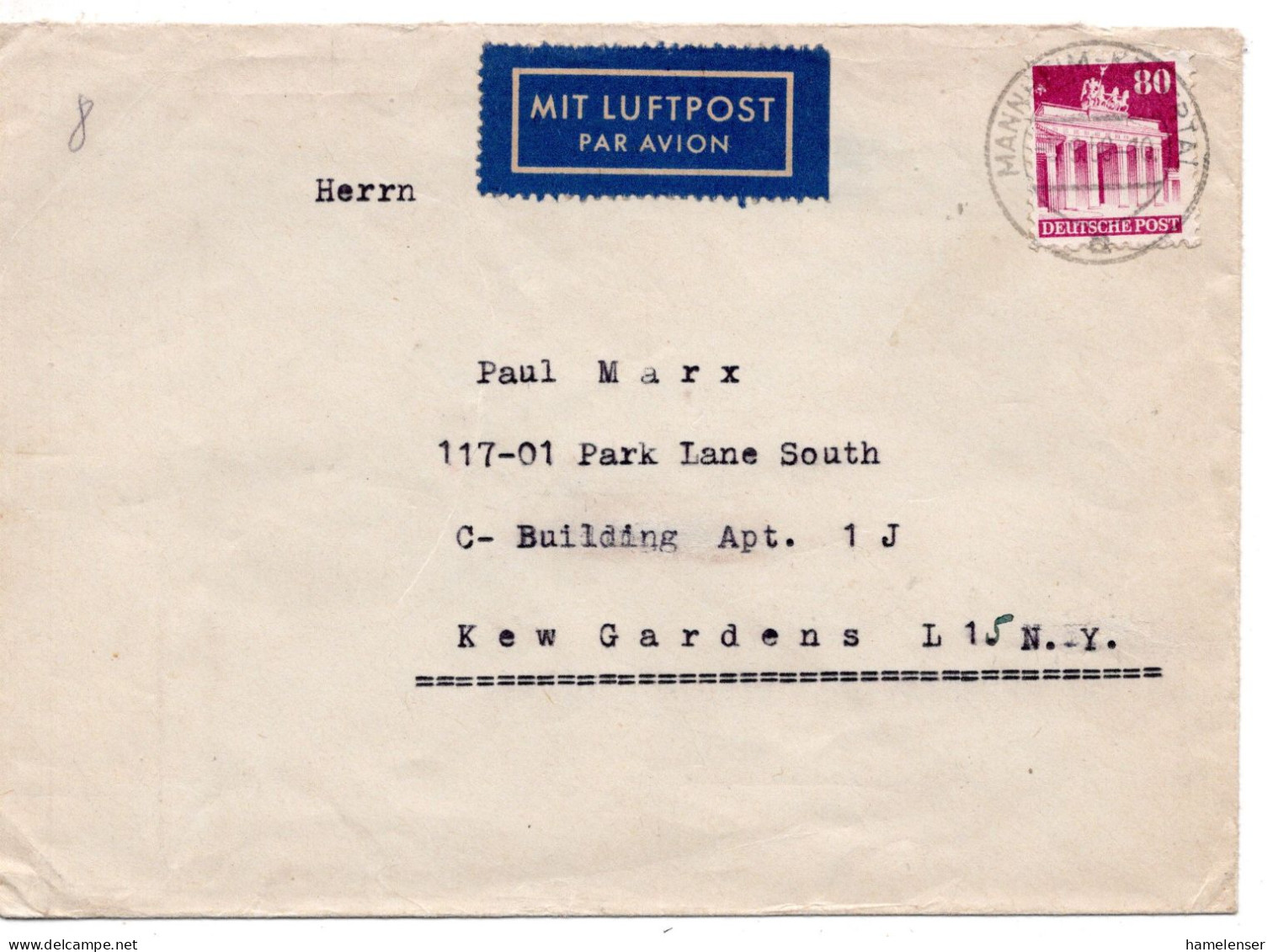 70985 - Bund - 1950 - 80Pfg Bauten EF A LpBf MANNHEIM -> Kew Gardens, NY (USA) - Storia Postale