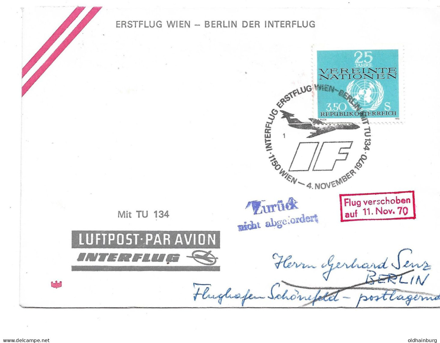 2363y: Interflug- Erstflug Wien- Berlin 1970 - Luftpost
