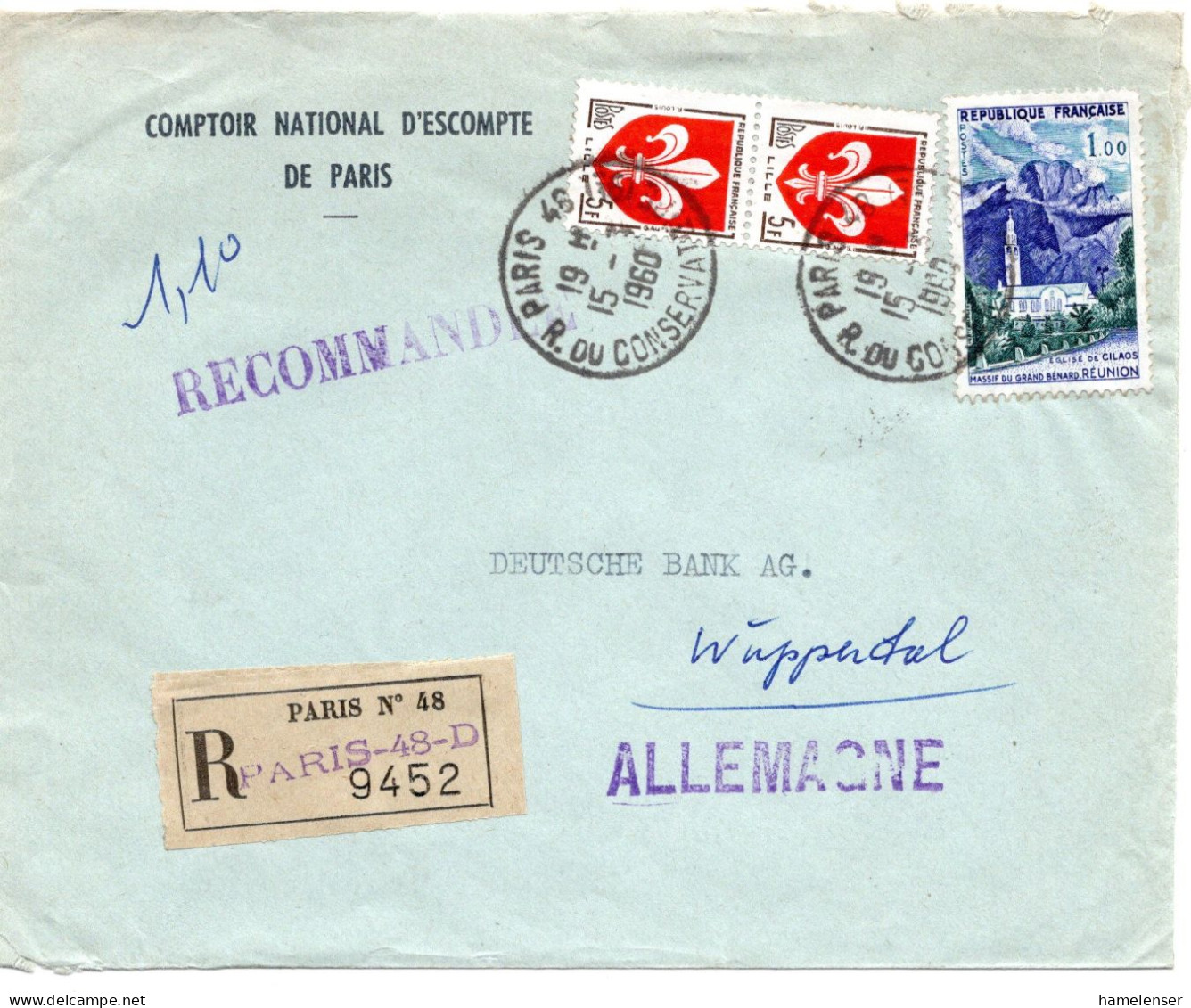 70986 - Frankreich - 1960 - 1,00F Reunion MiF A R-Bf PARIS -> Westdeutschland - Covers & Documents
