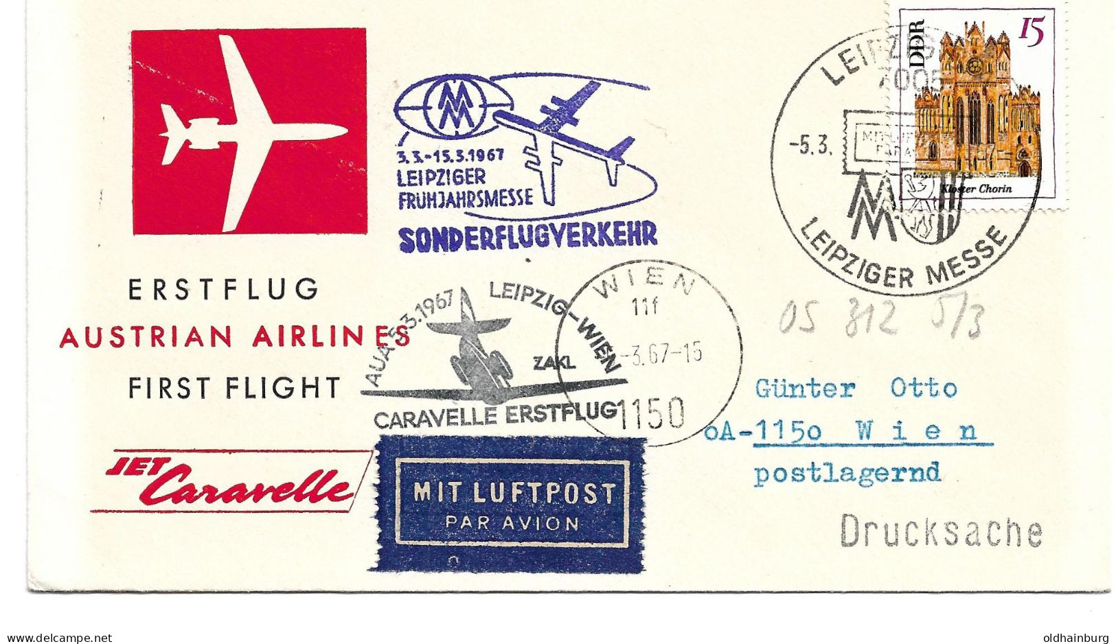 2363z: AUA- Sonderflug Leipziger Messe 1967 Mit Jet Caravelle - Luftpost