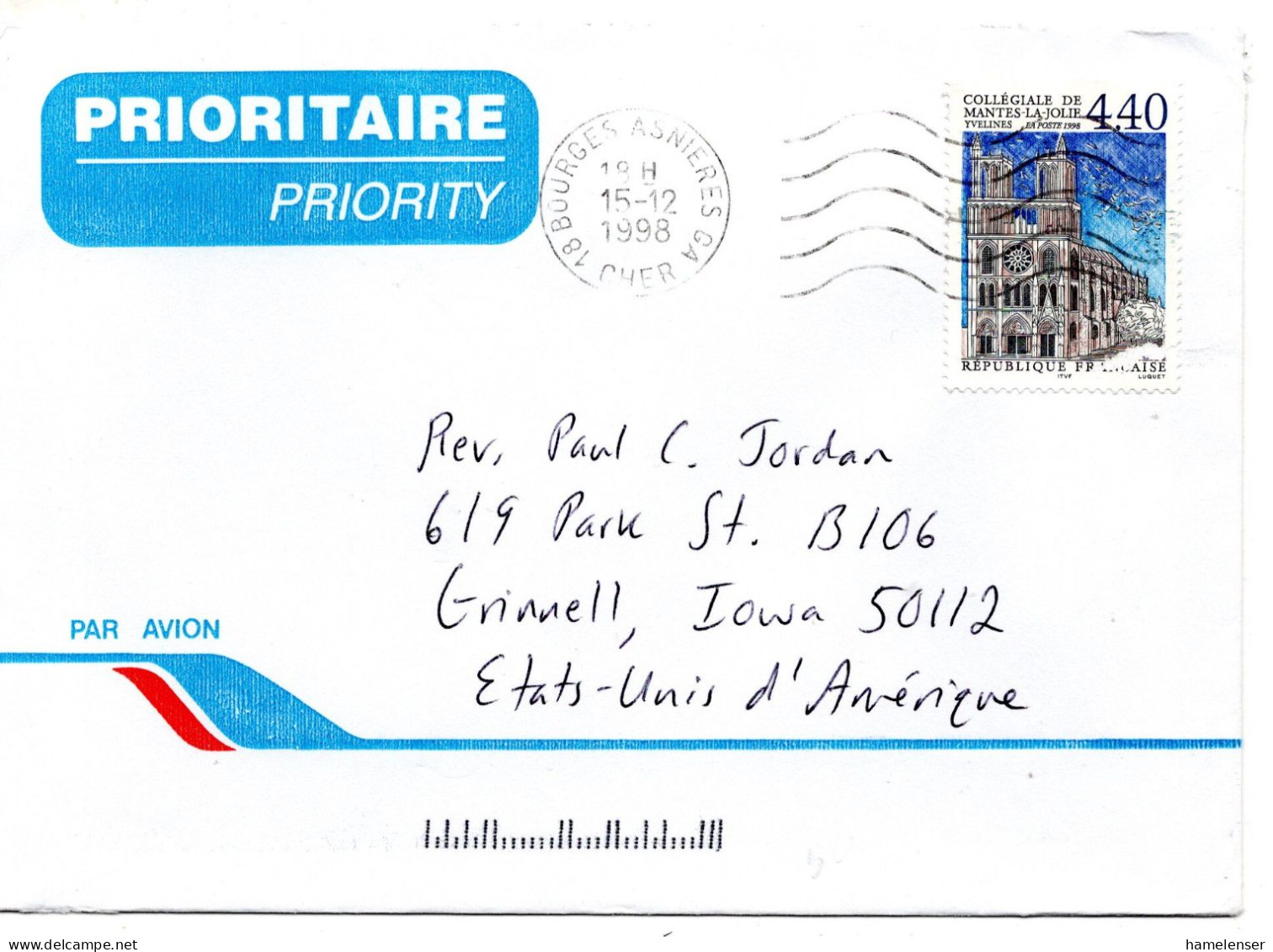 70992 - Frankreich - 1998 - 4,40F Mantes-la-Jolie EF A LpBf BOURGES -> Grinnell, IA (USA) - Storia Postale