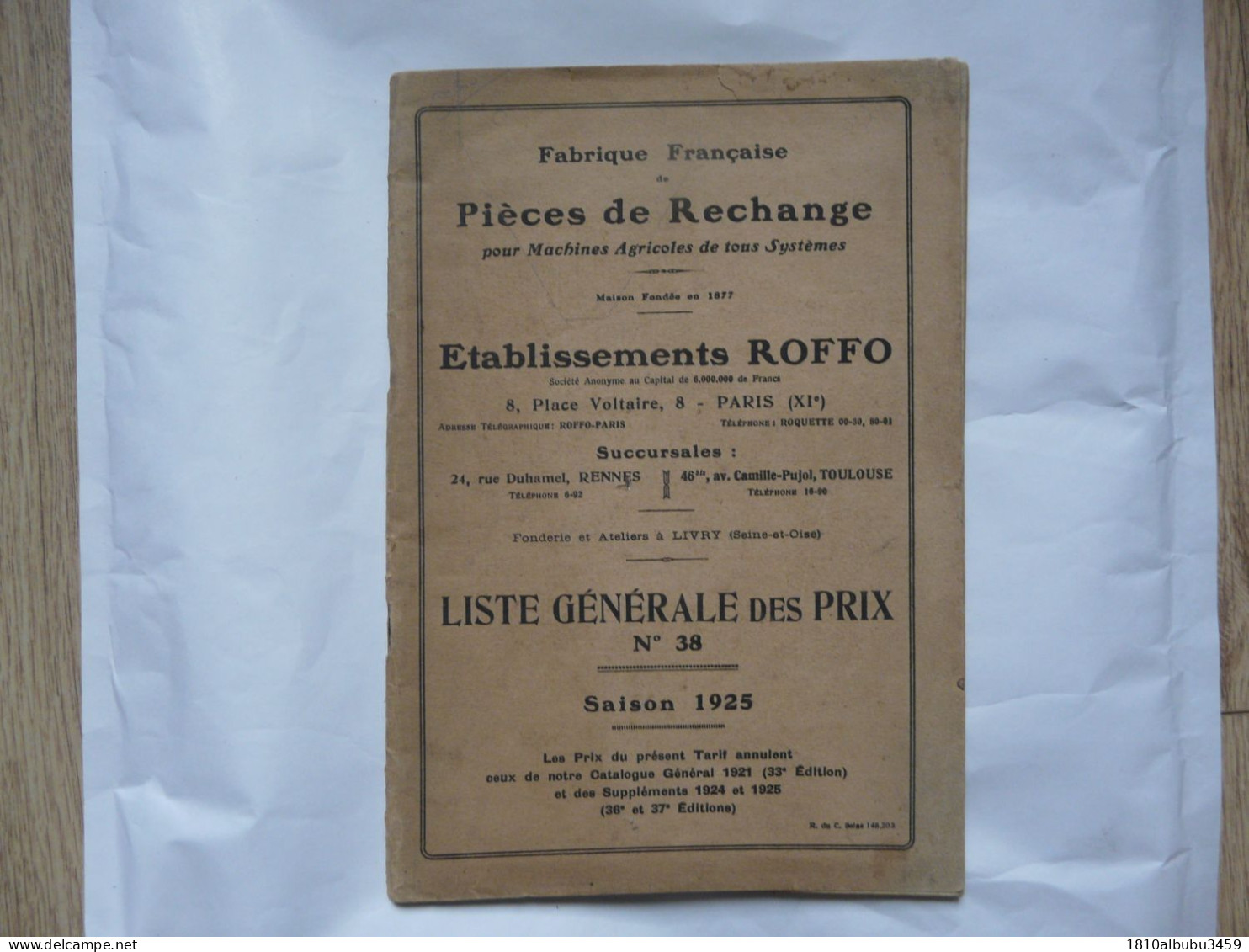 VIEUX PAPIERS - PUBLICITE : Fabrique Français De Pièces De Rechange Pour Machines Agricoles - ETS ROFFO 1925 - Innendekoration