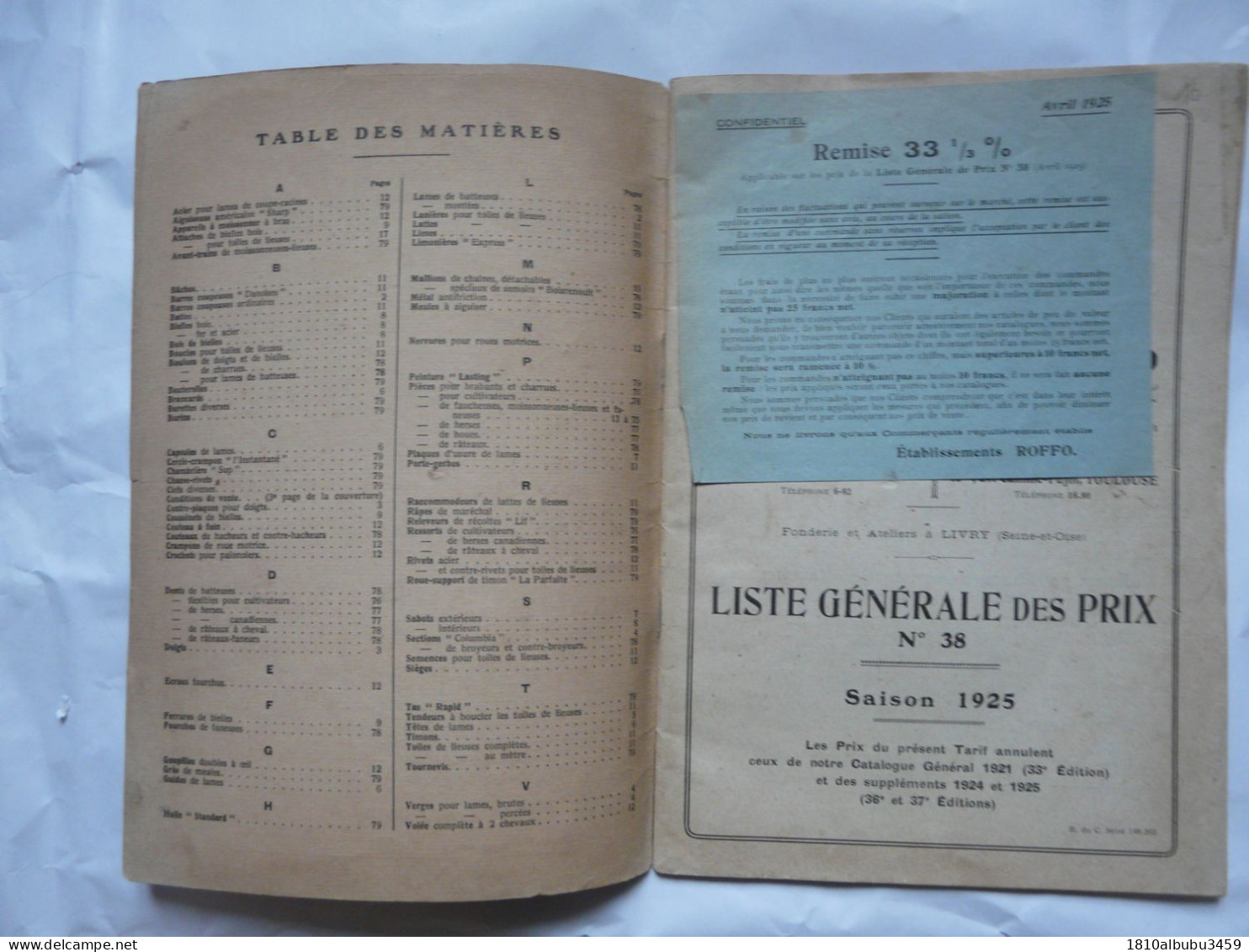 VIEUX PAPIERS - PUBLICITE : Fabrique Français De Pièces De Rechange Pour Machines Agricoles - ETS ROFFO 1925 - Innendekoration