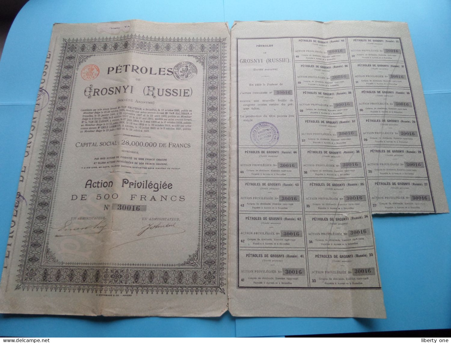 PETROLES De GROSNYI ( Russie ) Action Privilégiée De 500 Francs - N° 30016 ( Zie SCANS ) ! - Russie