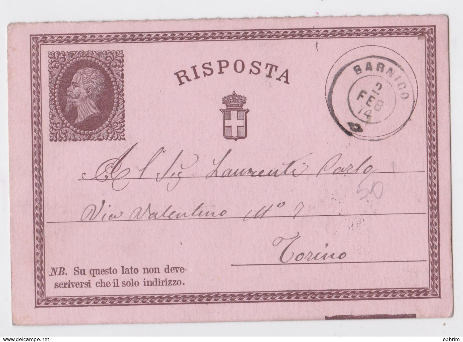 Italia Cartolina Postale Risposta Sarnico Torino 2 Feb 1874 - Interi Postali