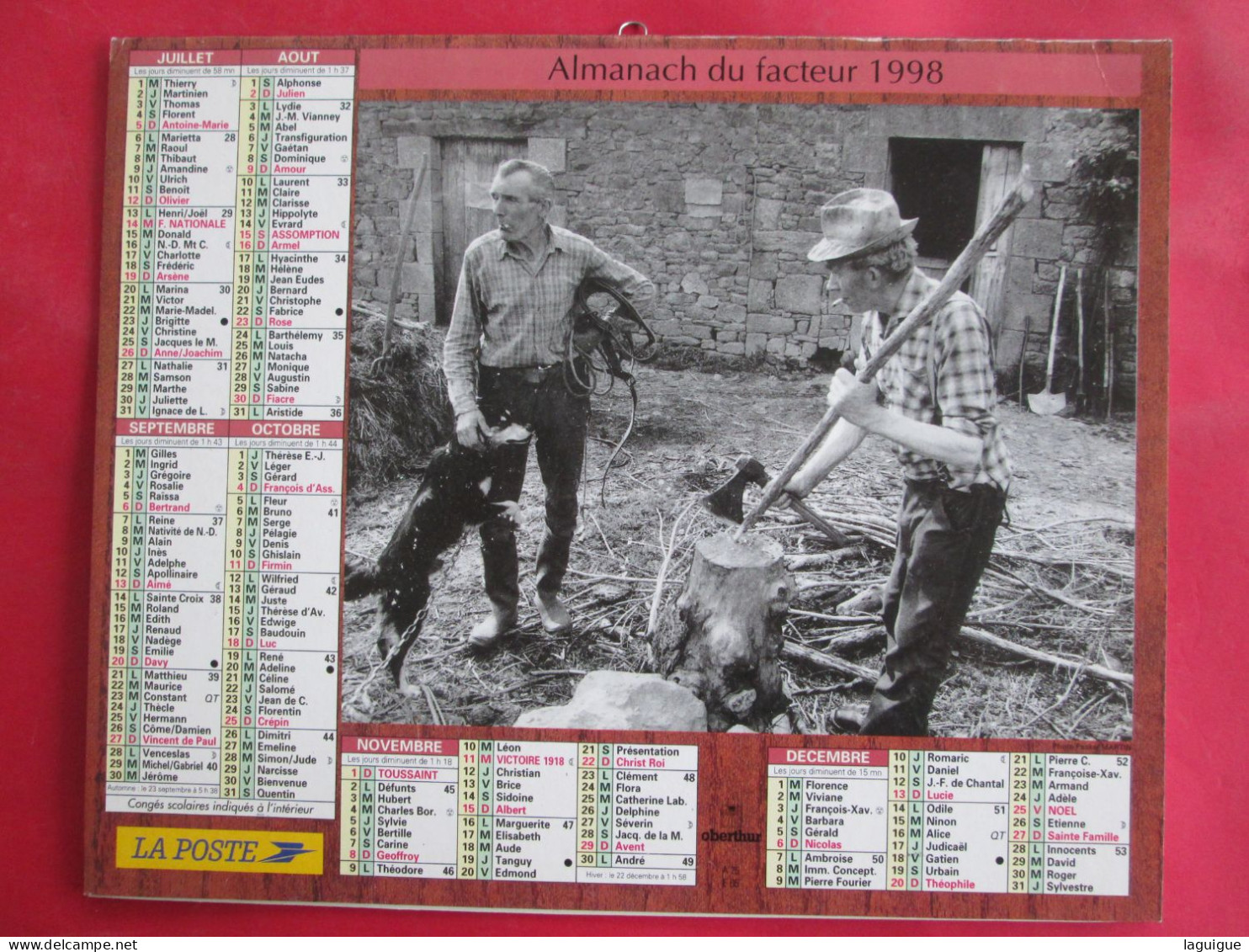 CALENDRIER ALMANACH 1998 OBERTHUR PAYSAN HOMMES FENDENT DU BOIS  NOIR ET BLANC - Grand Format : 1991-00