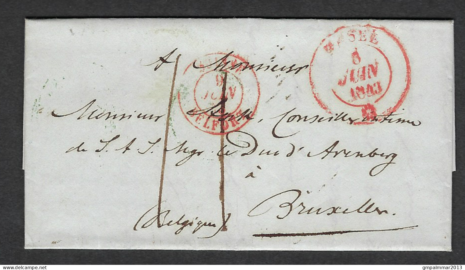 Précurseur 1843 De HUNINGUE / BELFORT / BASEL SUISSE Pour BRUXELLES  ; Details & état Voir 2 Scans ! LOT 196 - ...-1845 Préphilatélie