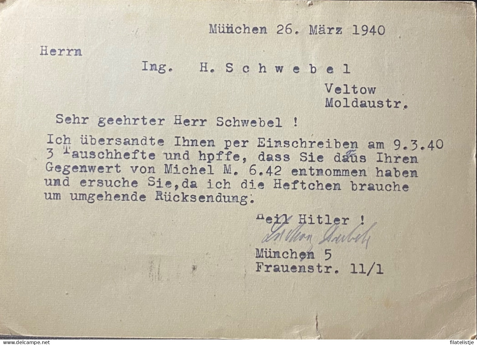 Duitse Rijk Briefkaart Van München Naar Veltov - Libretti